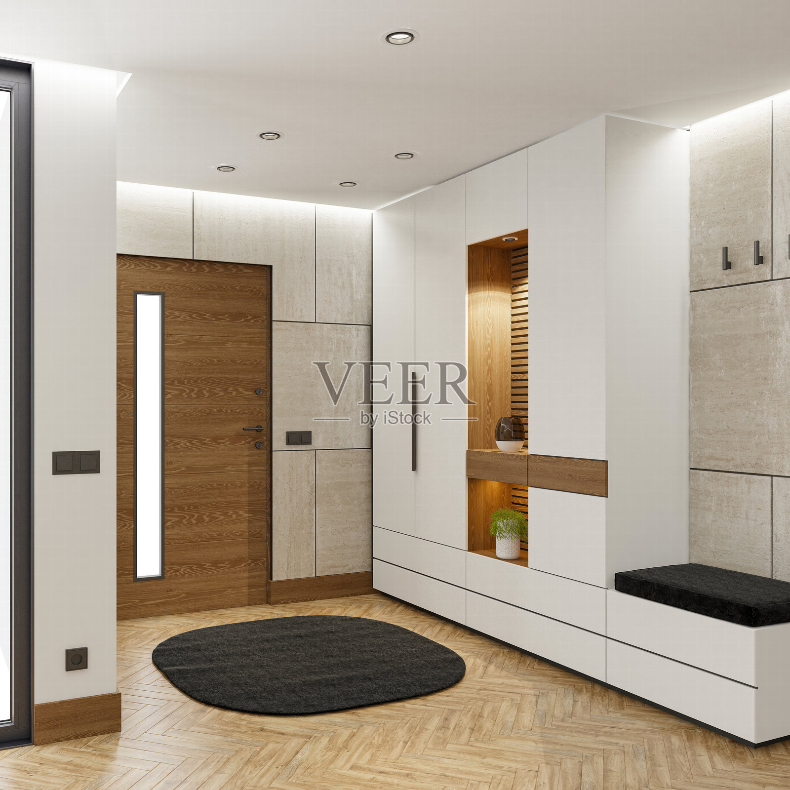 现代入口,橡木门,松木哑光地板和天然石墙照片摄影图片