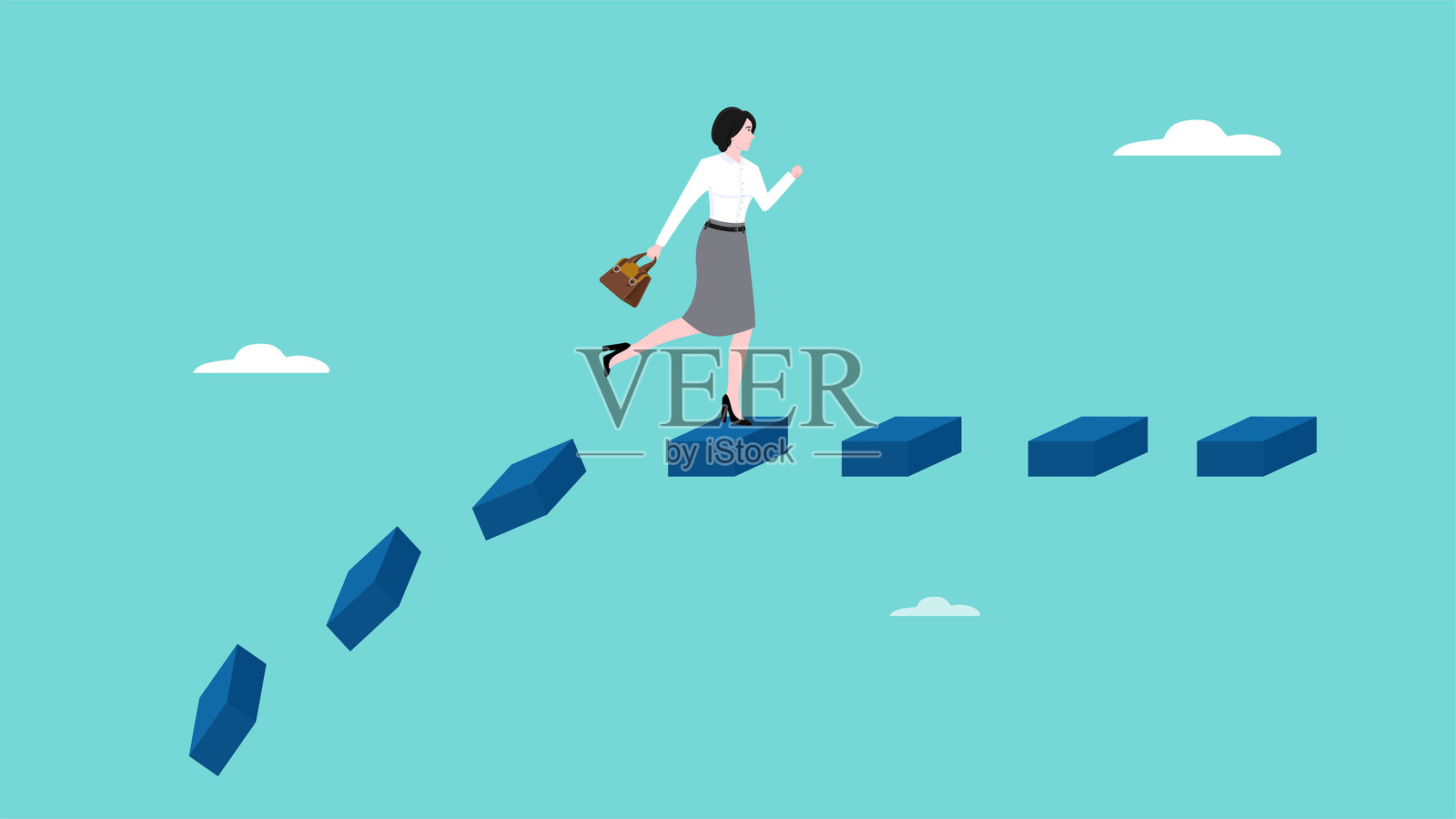 克服障碍以实现成功,女性跨越一座即将坍塌的桥,以实现商业目标或职业成功,克服商业中的问题,摆脱困境的策略插画图片素材