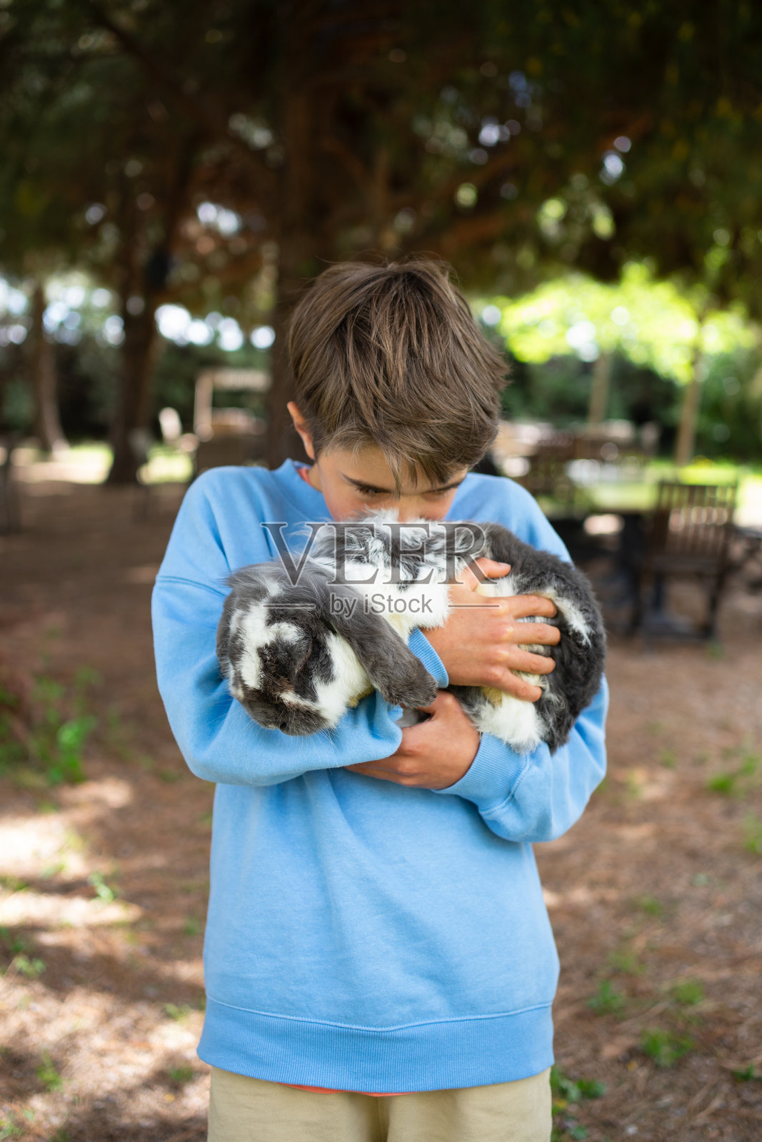 男孩在公园里温柔地拥抱一只兔子照片摄影图片