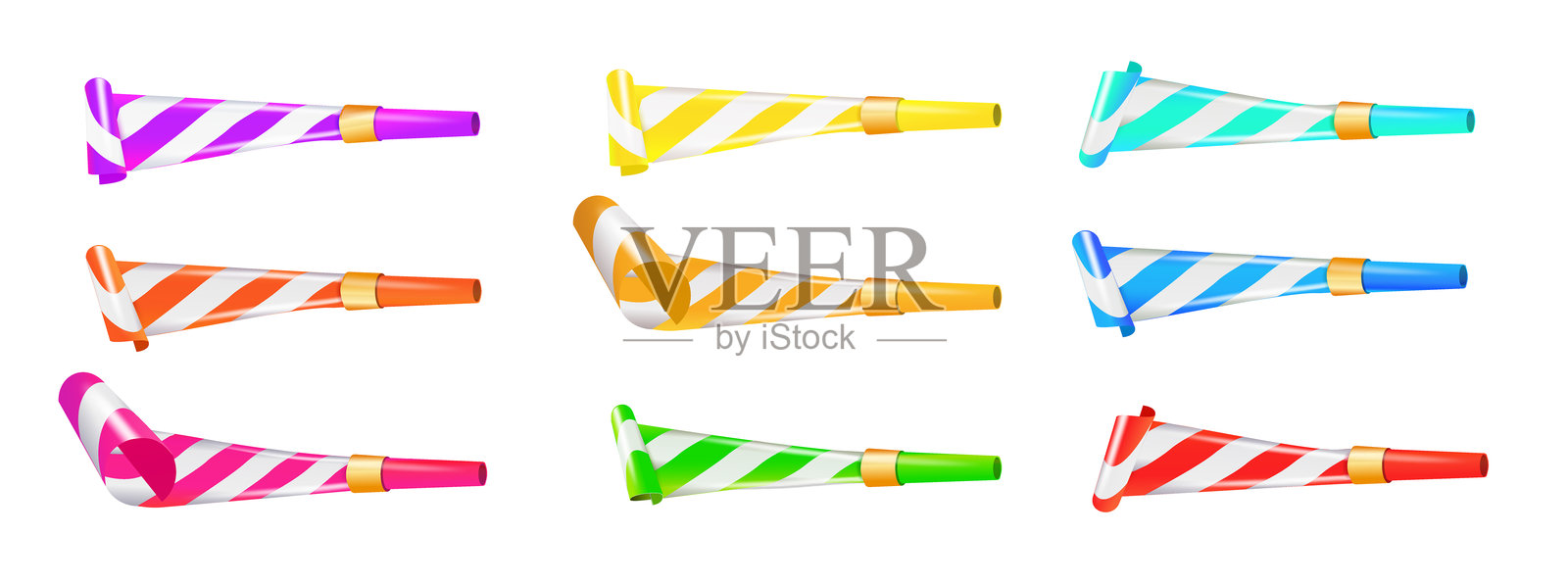 庆祝派对的彩色喇叭哨子套装。逼真的细节3D效果。矢量图。插画图片素材