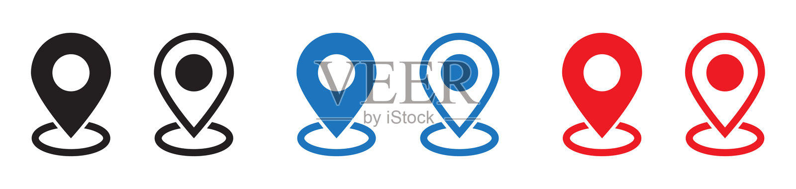 地理位置图标。位置地图图标。红色、黑色和蓝色地图图钉。插画图片素材