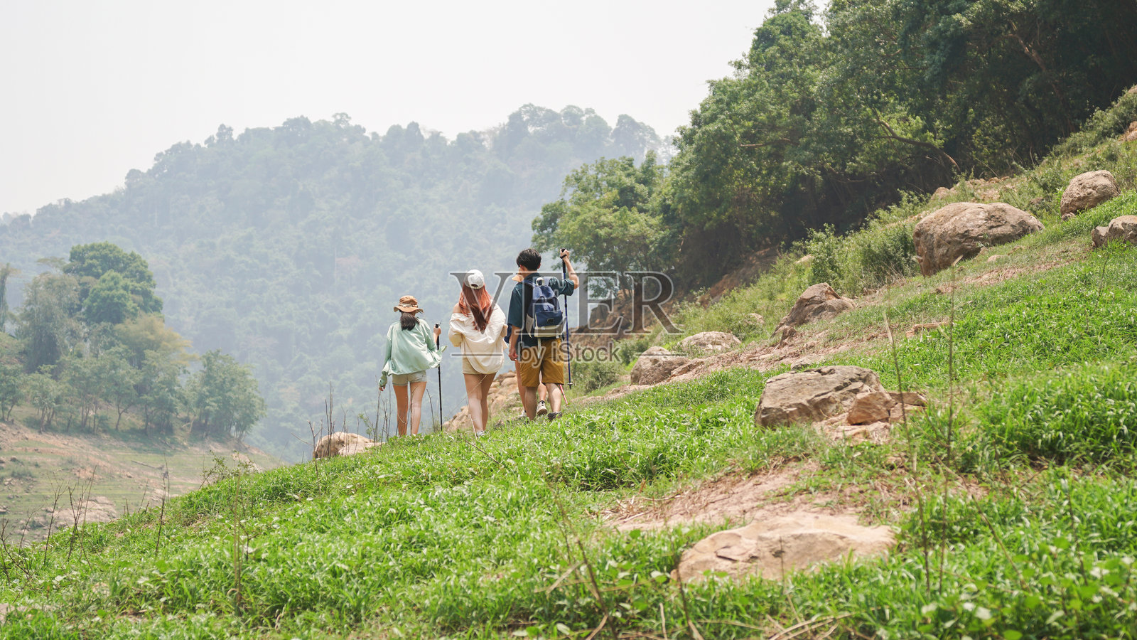 年轻男女在郁郁葱葱的山脉中徒步旅行,手持登山杖,徒步者们在阳光明媚的日子里享受风景如画的山间小径,背影是一群朋友在山坡上徒步。照片摄影图片