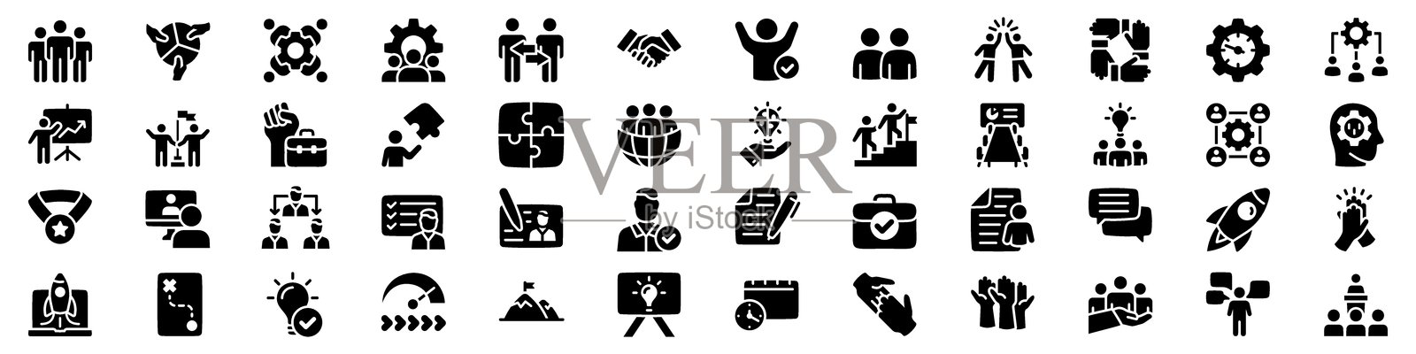 商业团队合作与领导力图标集。剪影风格。插画图片素材