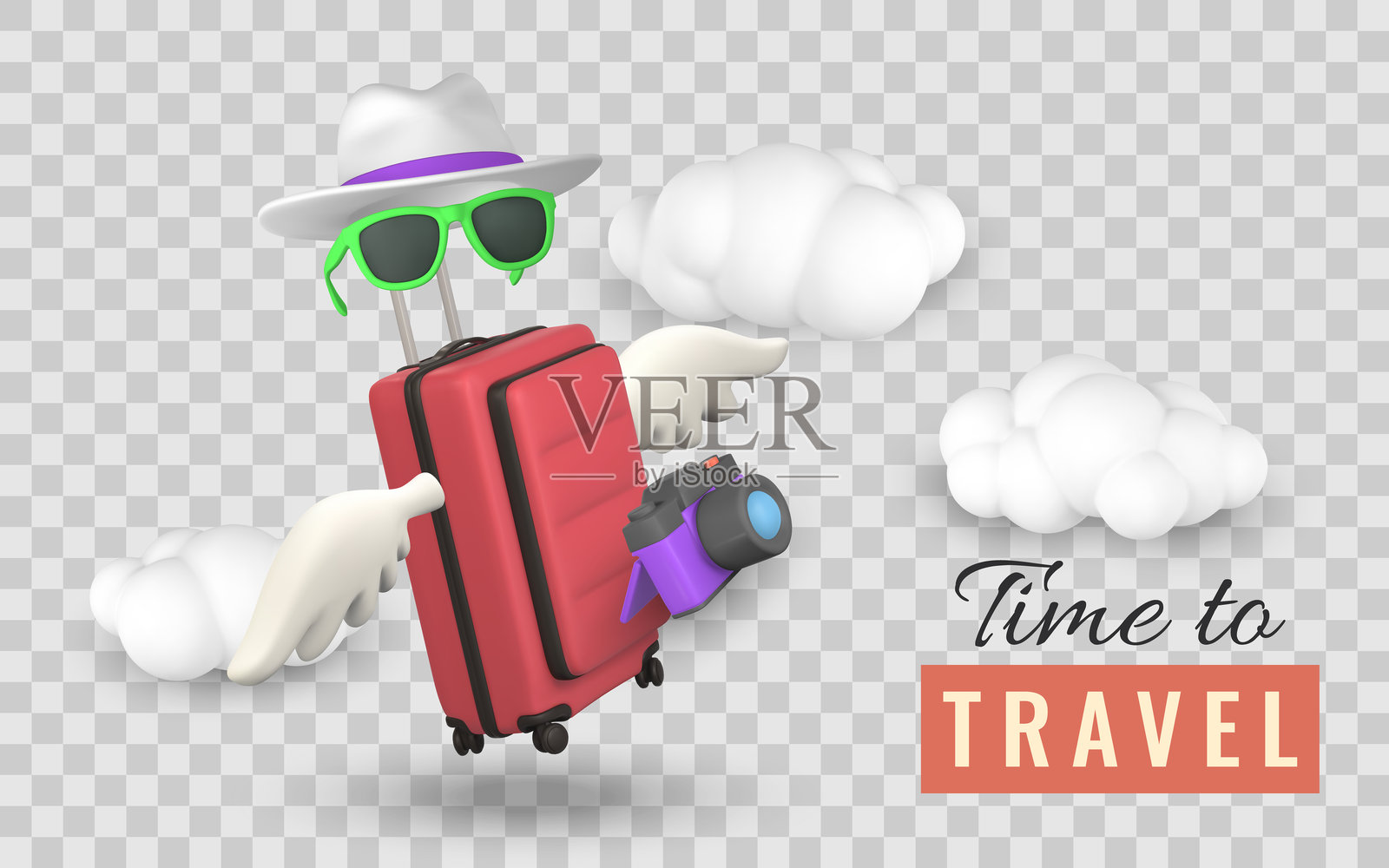 带翅膀的旅行箱、相机、帽子和太阳镜在云中飞翔,配有“旅行时间”文字。趣味而富有幻想的3D卡通风格。非常适合假日广告。矢量插图。插画图片素材