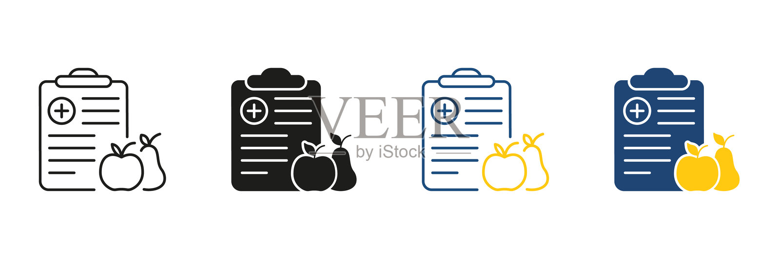 医疗营养计划线条和实心图标集。健康与饮食管理符号集合。孤立的矢量插图。插画图片素材