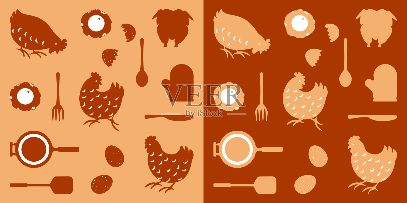 扁平矢量烧烤图案。烤鸡、鸡蛋、煎蛋、刀、叉、勺子和锅在白色和红色背景上。简单的无缝双色设计。适合印刷、食品主题和背景。插画图片素材