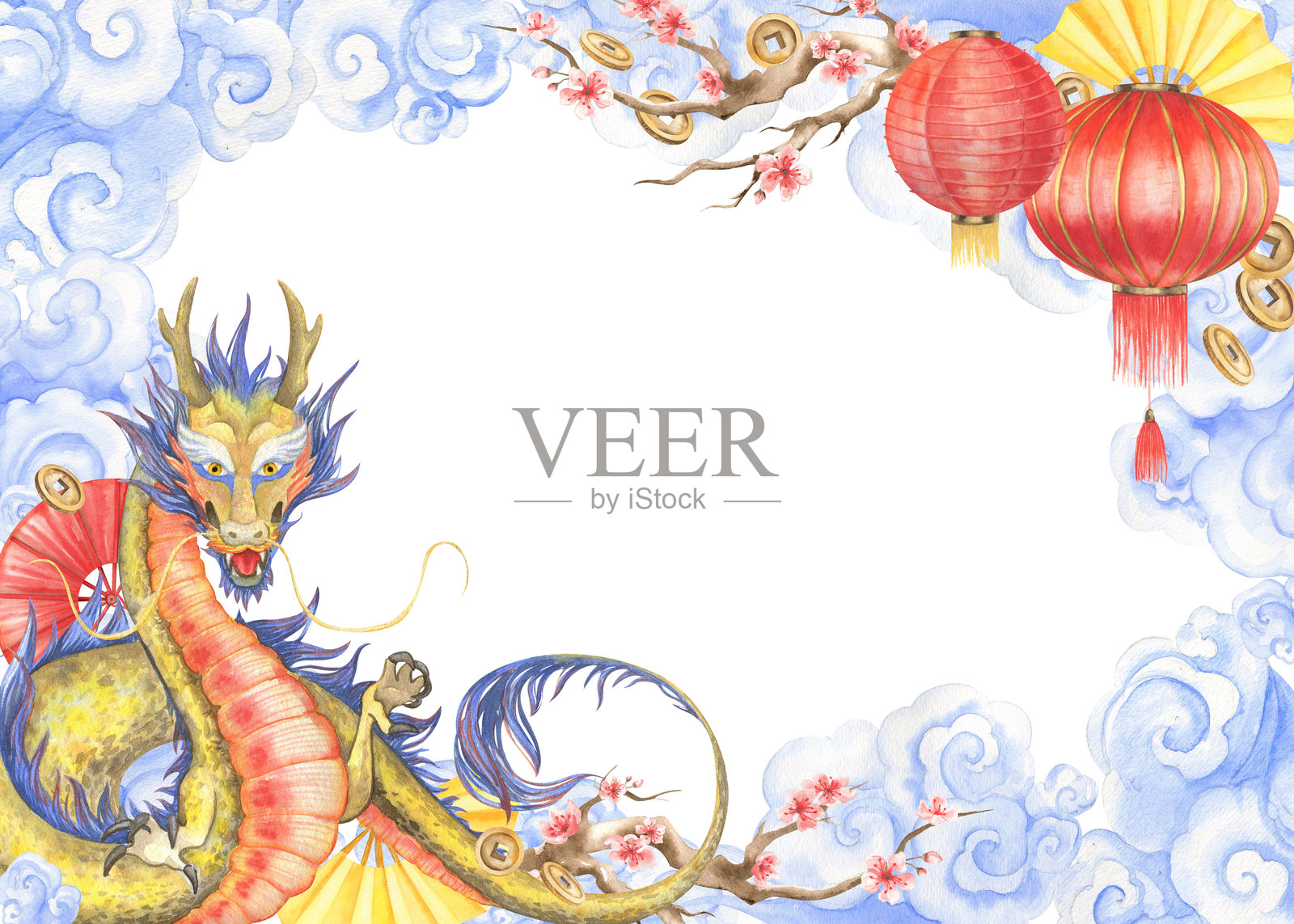 中国龙与悬挂在樱花树上的红灯笼,飞舞在蓝色旋涡云朵中,扇子和金币环绕。中国农历新年矩形框水彩插图。手绘明信片模板,留有空白空间,独立展示。正交框架。插画图片素材