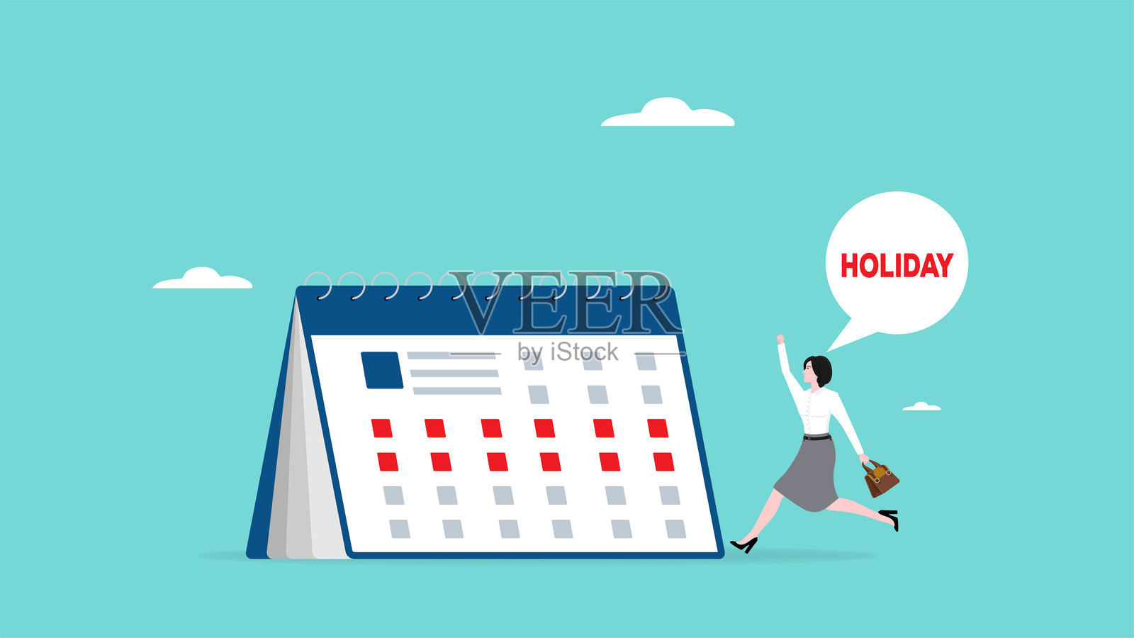 假期日历与快乐的女商人概念矢量插图,假期规划日程,员工公司假期,工作后放松,员工感恩日或长假插画图片素材