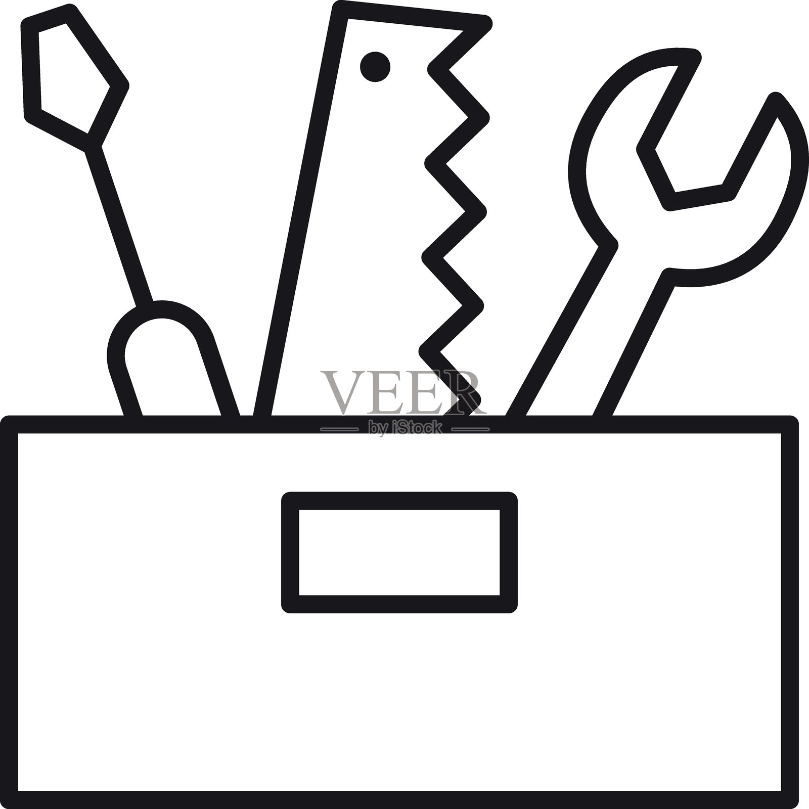 工具箱图标,内含扳手、螺丝刀和锯,采用细线风格。插画图片素材