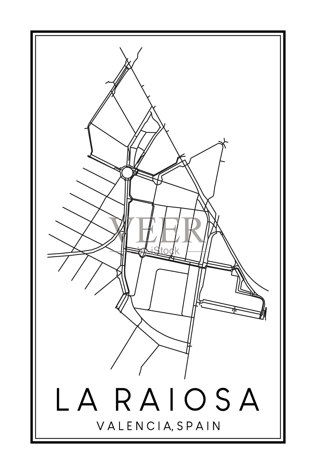 手绘可打印海报,西班牙城市瓦伦西亚的LA RAIOSA区地图插画图片素材