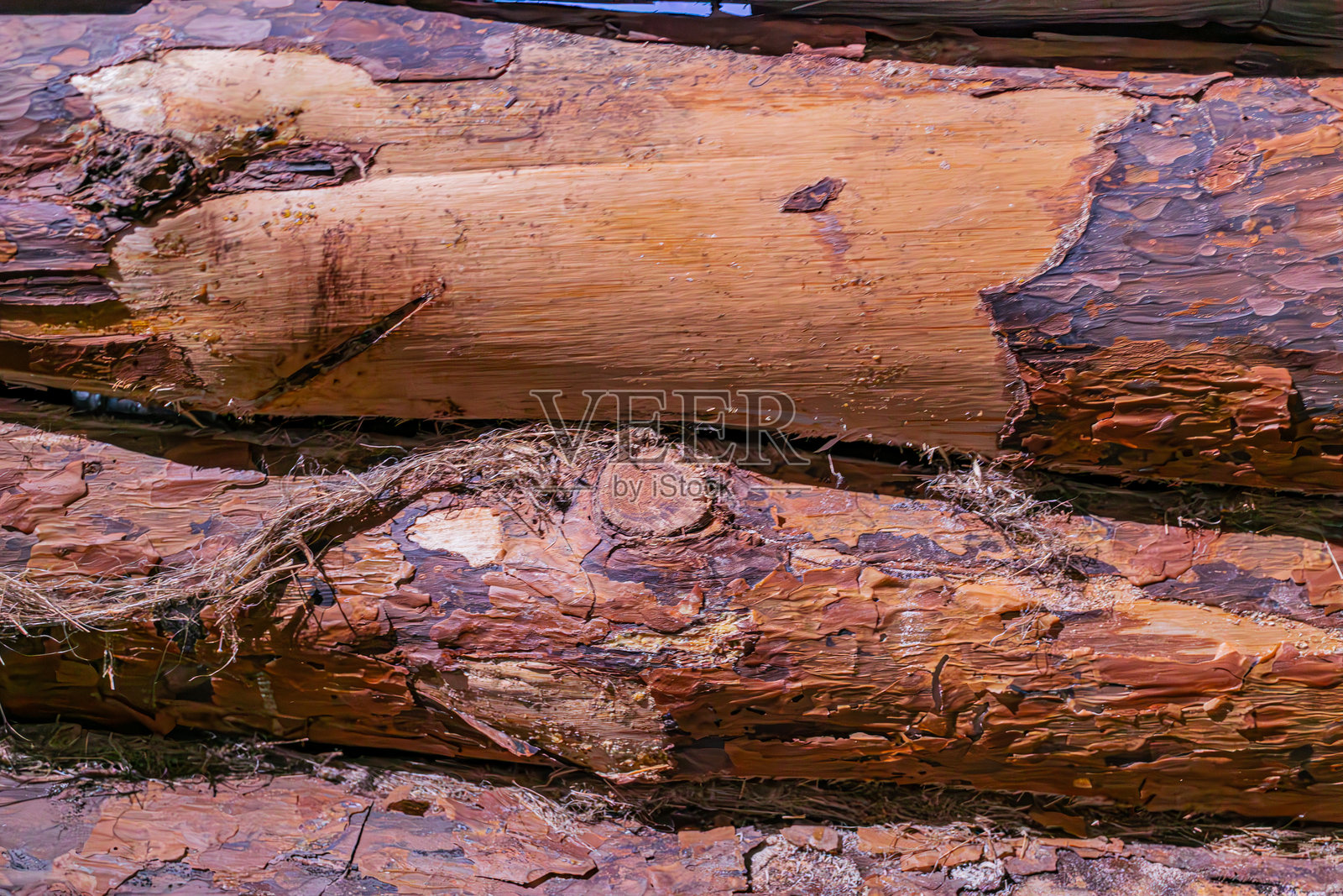 堆叠的大木头,表面有风化的纹理,大小和图案各异,棕色和灰色,户外,白天,特写前景,远处背景,阴影,没有人可见照片摄影图片