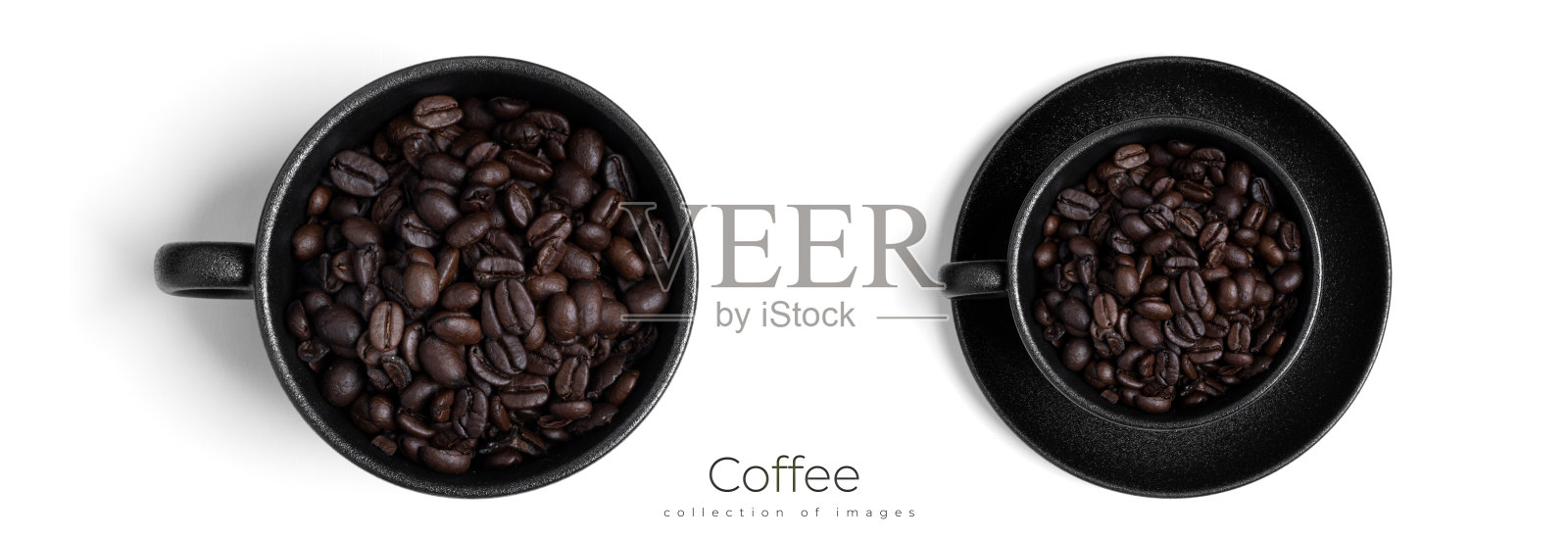 黑色咖啡杯与咖啡豆,背景为白色。照片摄影图片