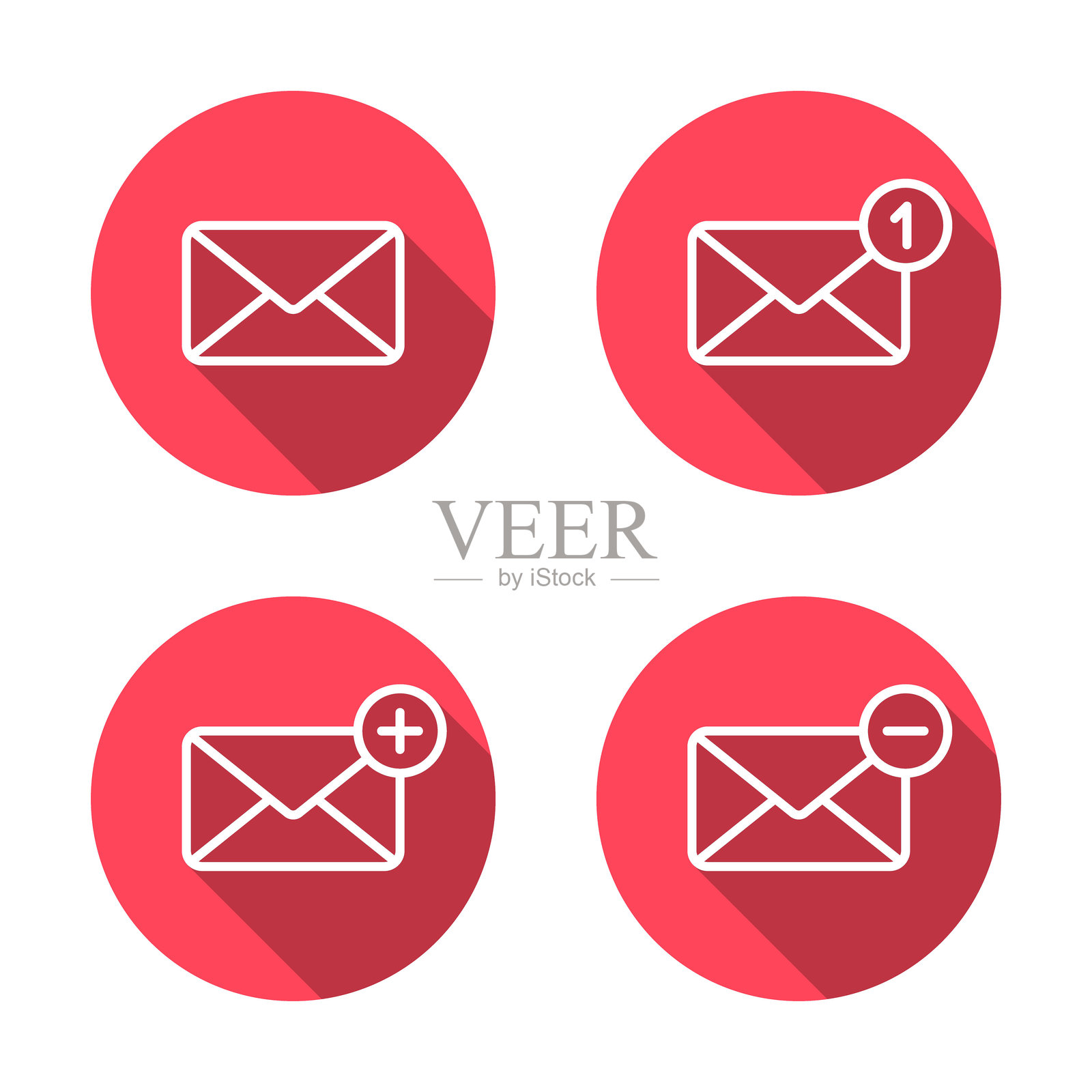 邮件通知,添加和删除信封电子邮件轮廓图标,带长阴影。邮件标志符号插画图片素材