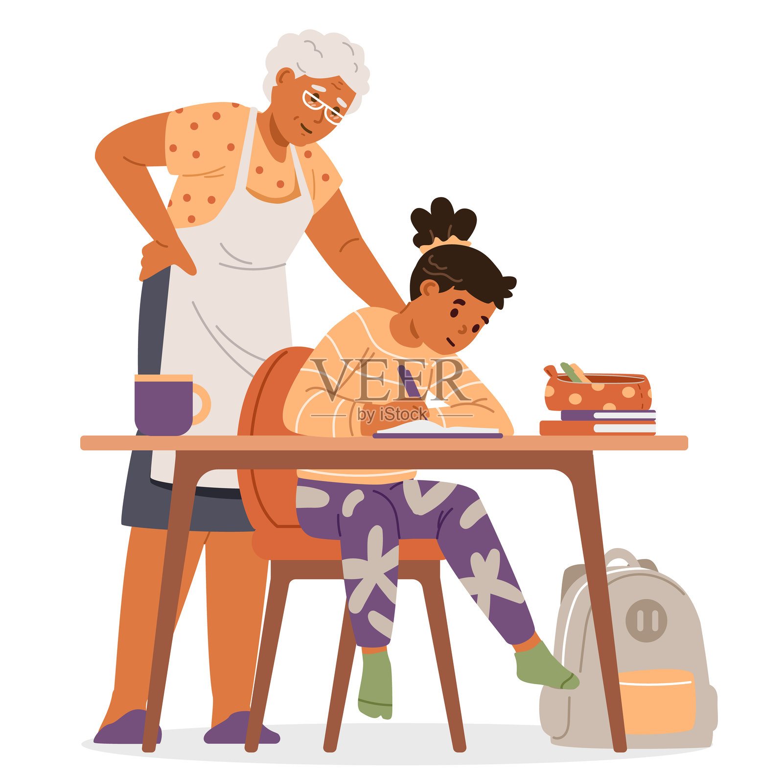 亚洲祖母在家中看着她的孙女——一位正在书桌上写作业的小学女孩。扁平化矢量插图,背景为白色。插画图片素材