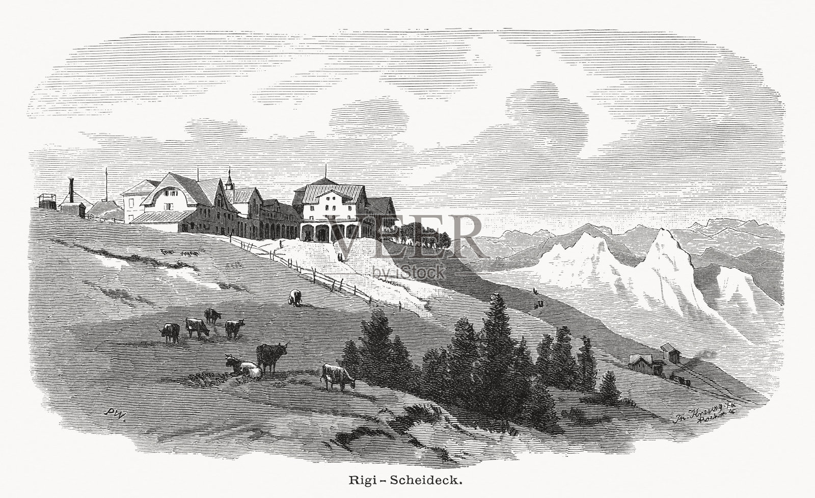 瑞吉-谢德格的历史景观,瑞士,木刻版画,出版于1876年插画图片素材