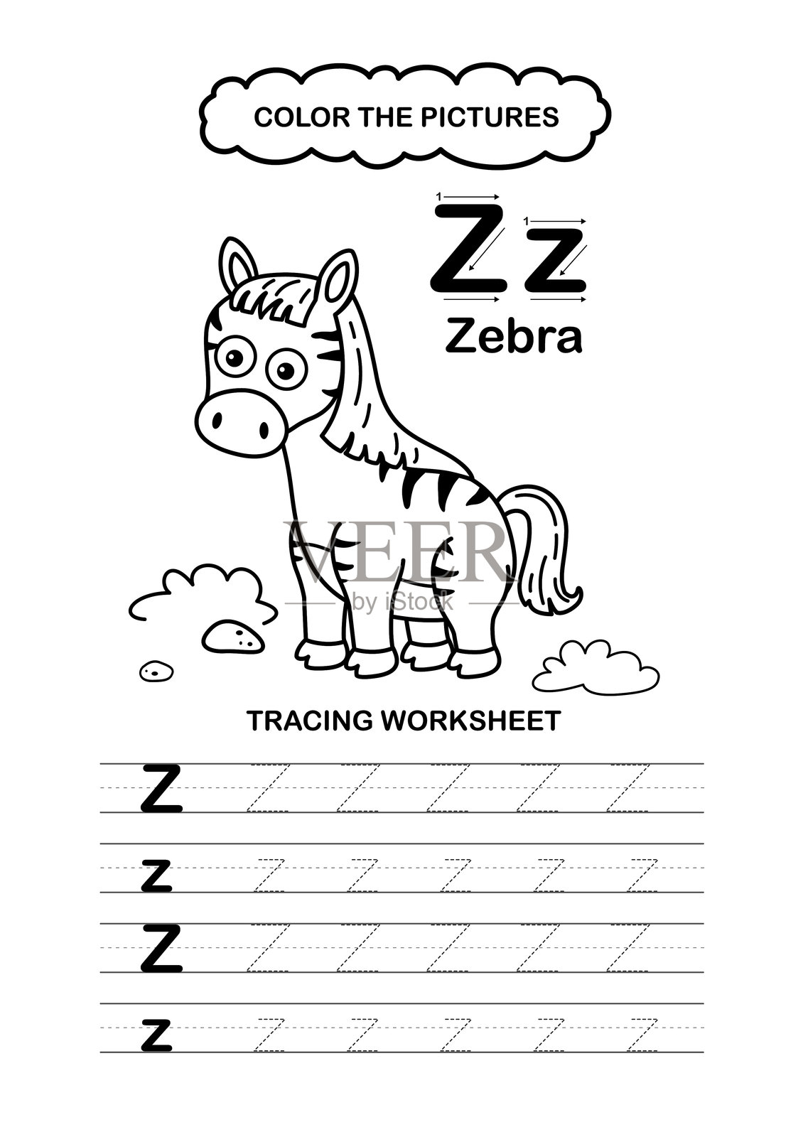 插图:孤立的动物字母描摹与上色字母Z-斑马插画图片素材