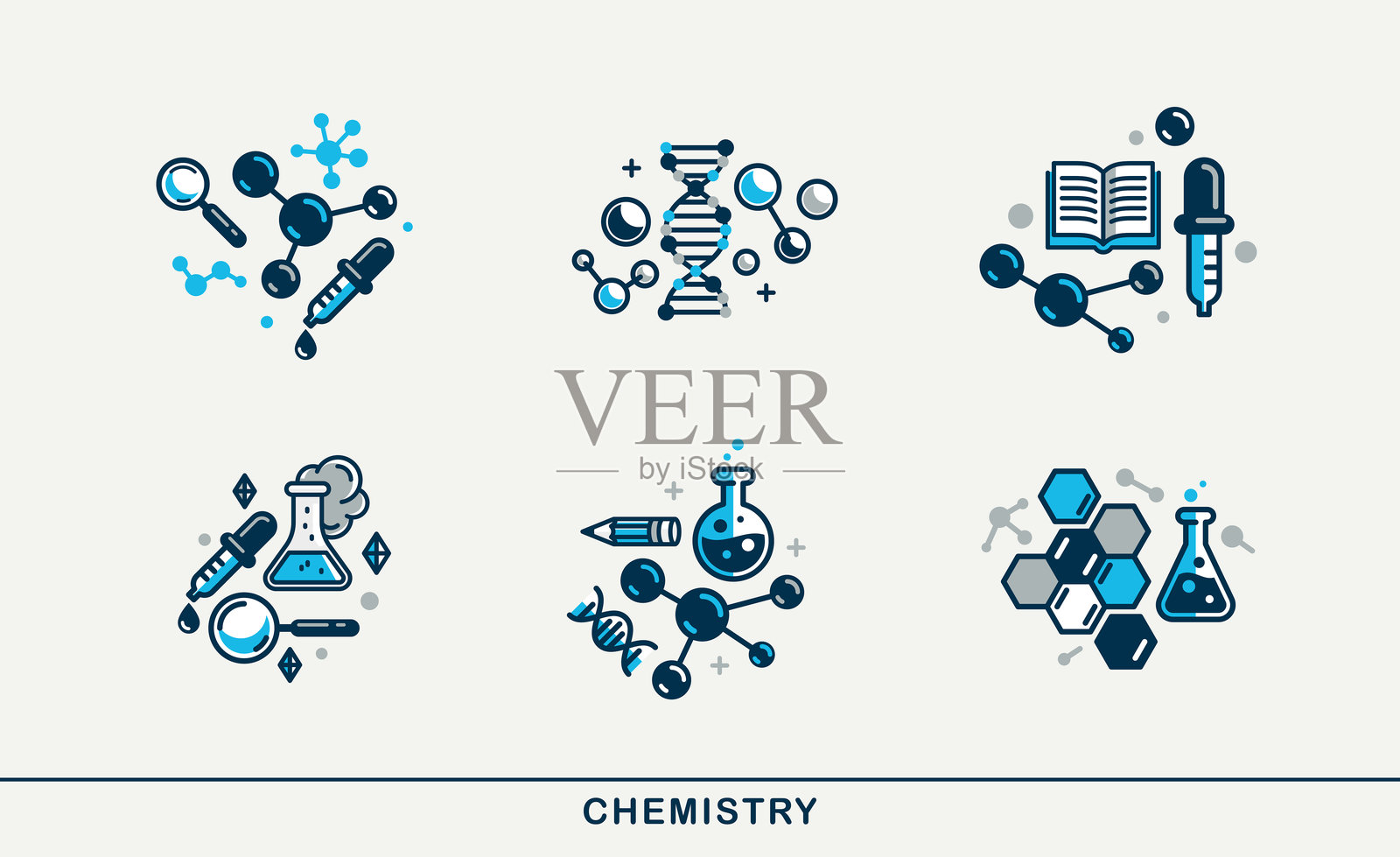 化学矢量详细图标集,分子和实验室实验用的烧瓶,科学主题组合。插画图片素材
