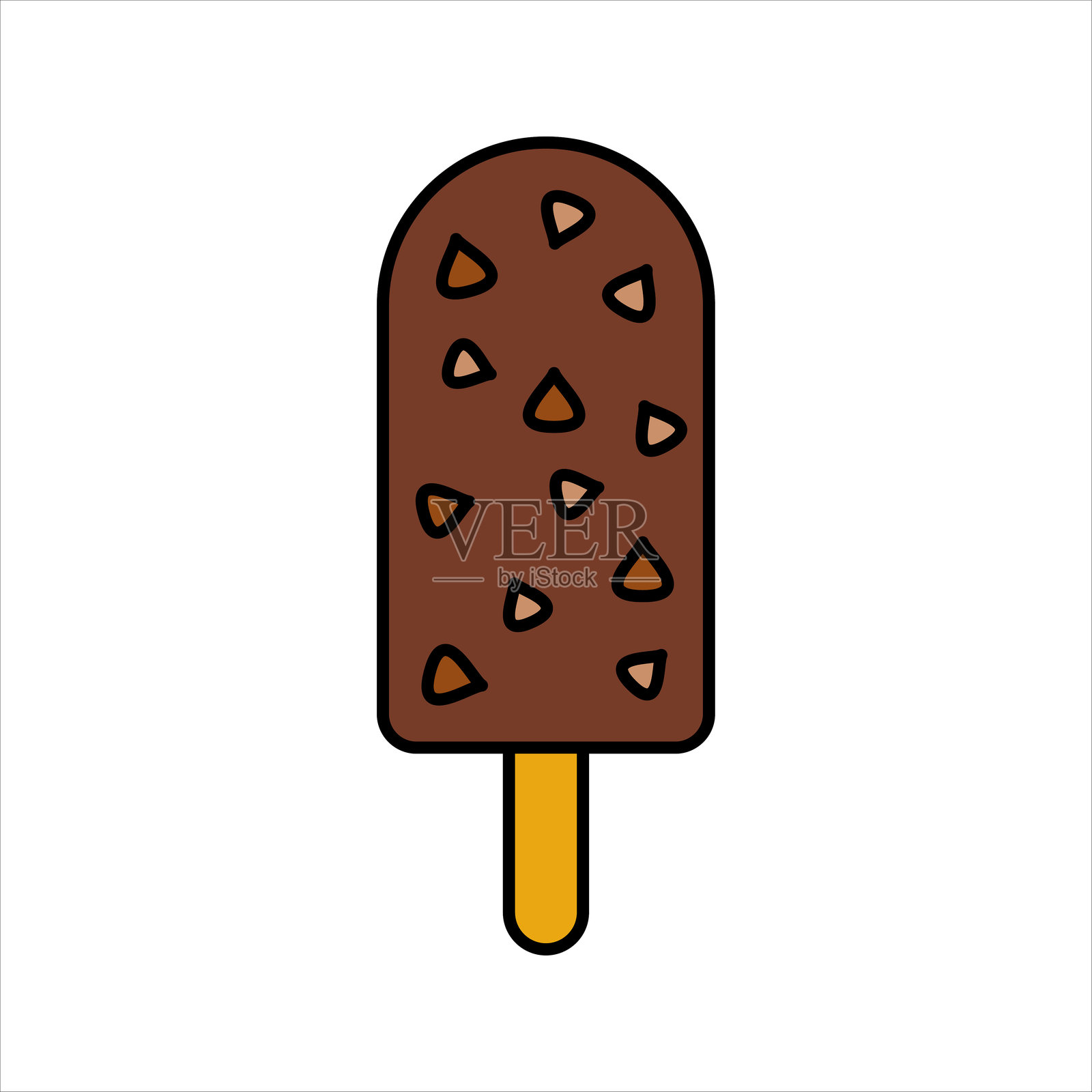 巧克力冰淇淋扁平设计风格,巧克力冰淇淋棒上撒有巧克力碎片,非常适合甜点菜单和甜品插图。插画图片素材