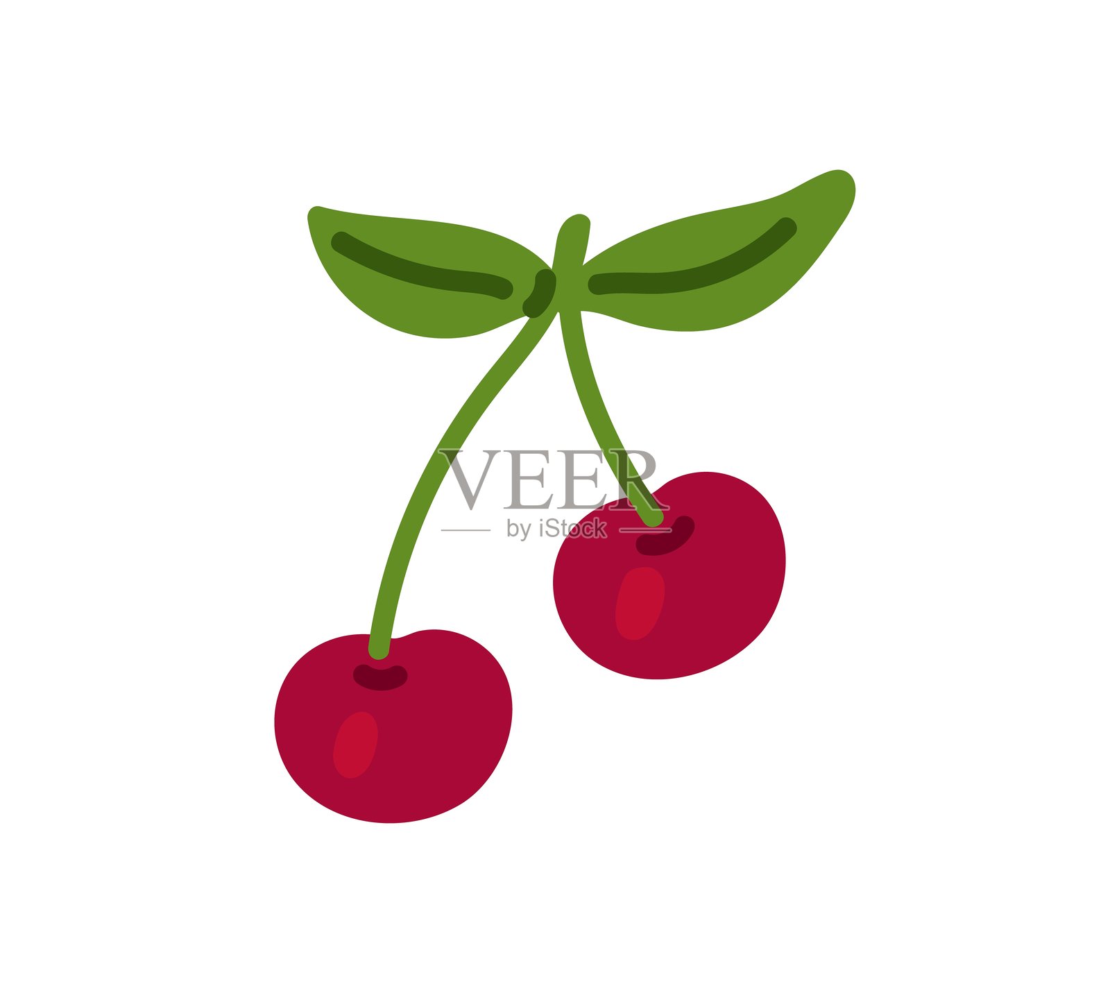 樱桃树枝图标。带叶子的嫩枝,成熟的红色浆果。果树的嫩枝。健康食品,花园作物,供食用的新鲜果园收成。白色背景上的平面孤立矢量插图。插画图片素材