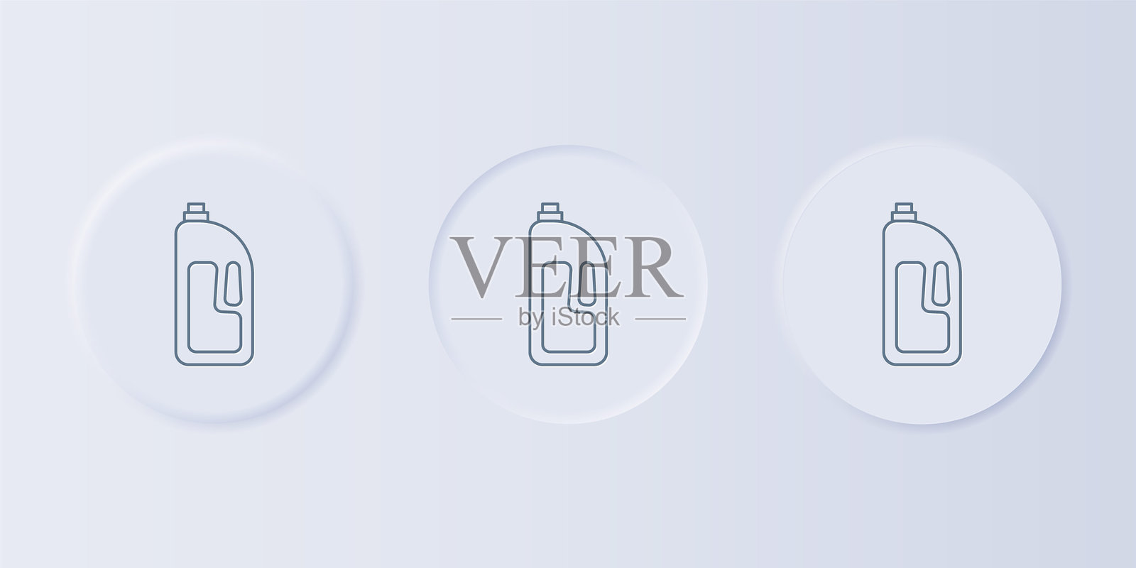 灰色容器与排水清洁剂图标,背景为灰色。塑料瓶中的清洁剂。方形按钮中的图标集合。插画图片素材