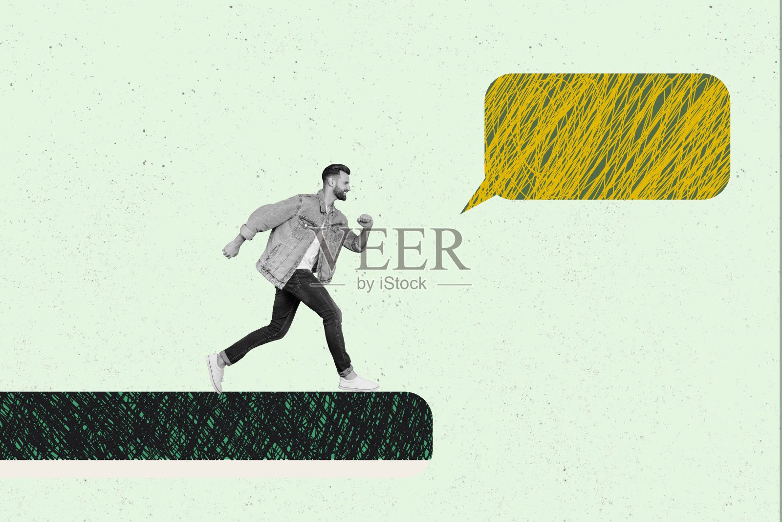 一个人跑步的拼贴画,带有表达思想、创意、心灵、沟通和情感的气泡照片摄影图片