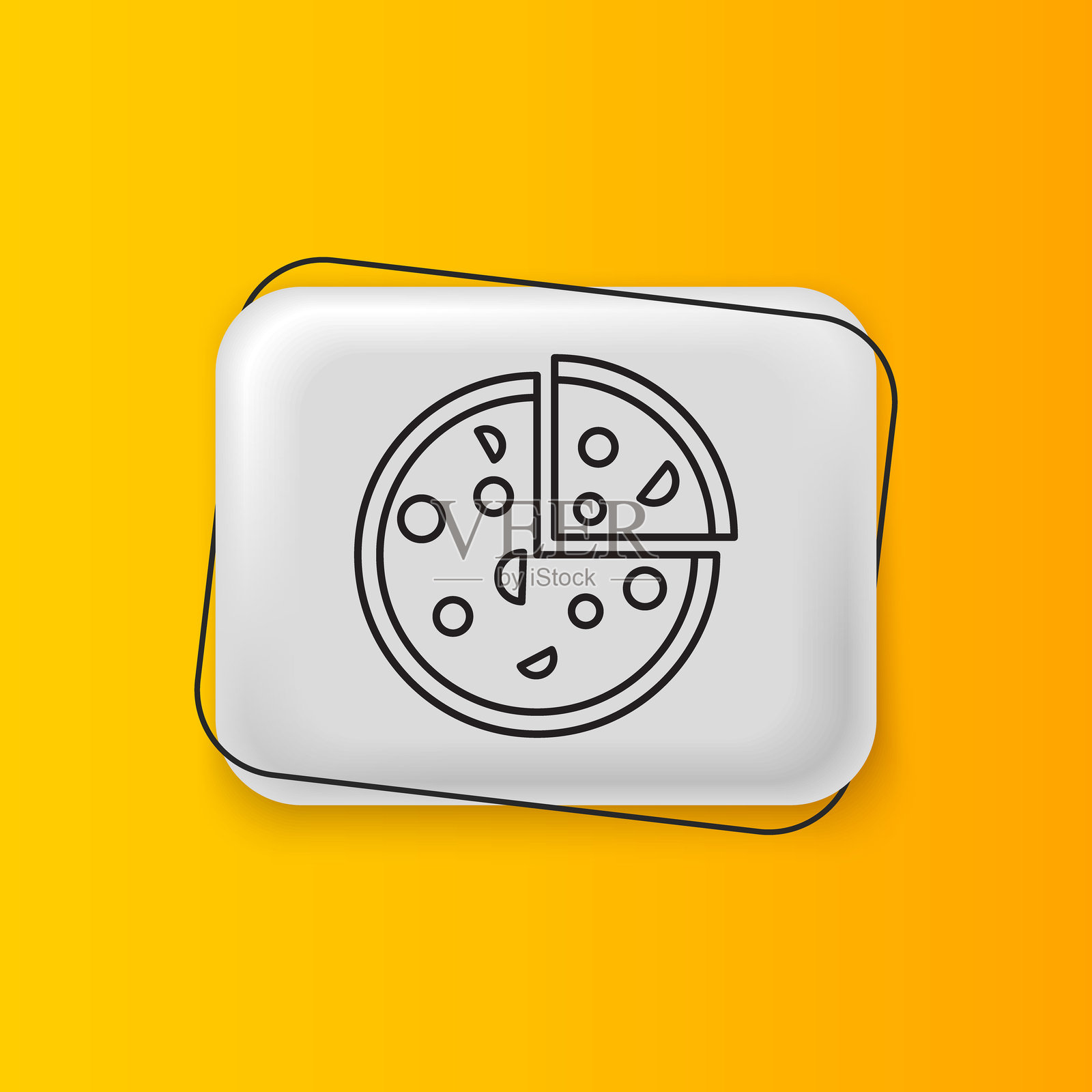 黑色披萨图标,背景为黄色。快餐菜单。银色矩形按钮。矢量图。插画图片素材