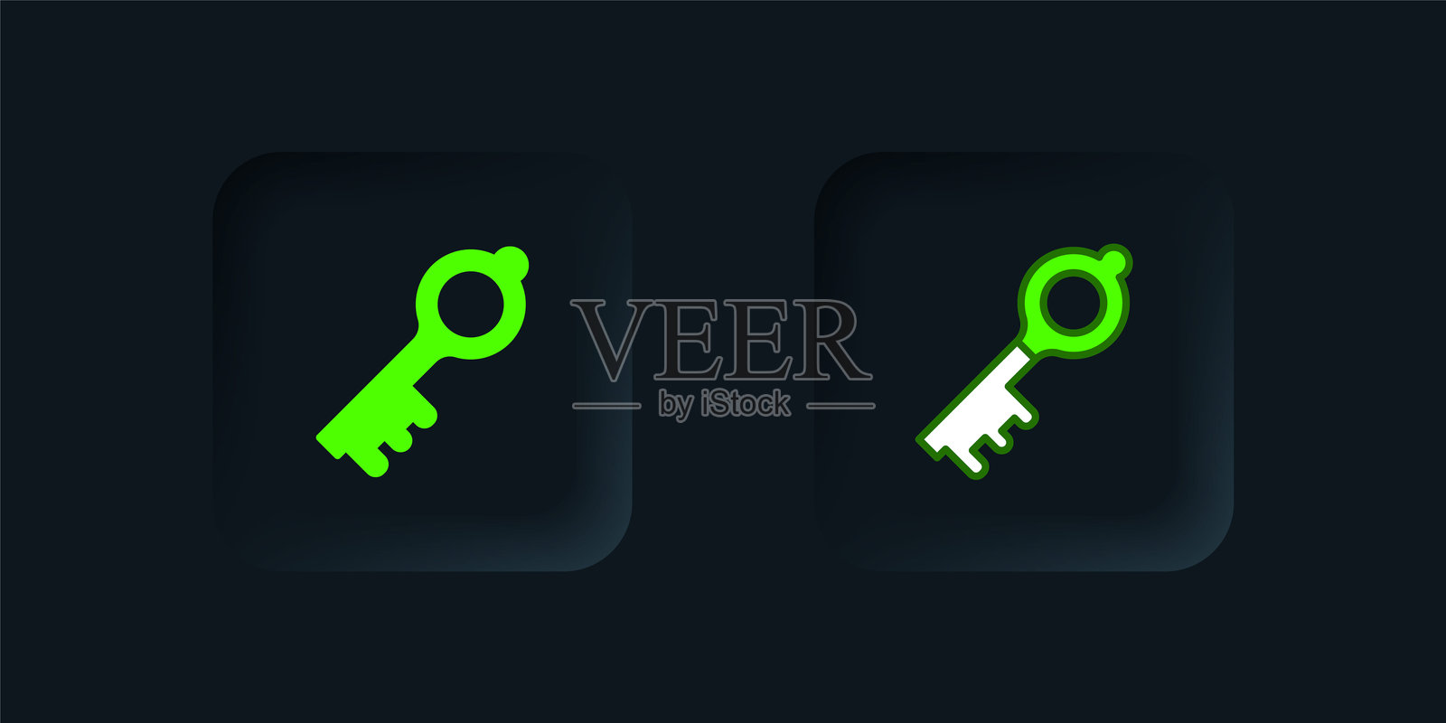 绿色古老魔法钥匙图标,黑色背景。黑色方形按钮。矢量图。插画图片素材