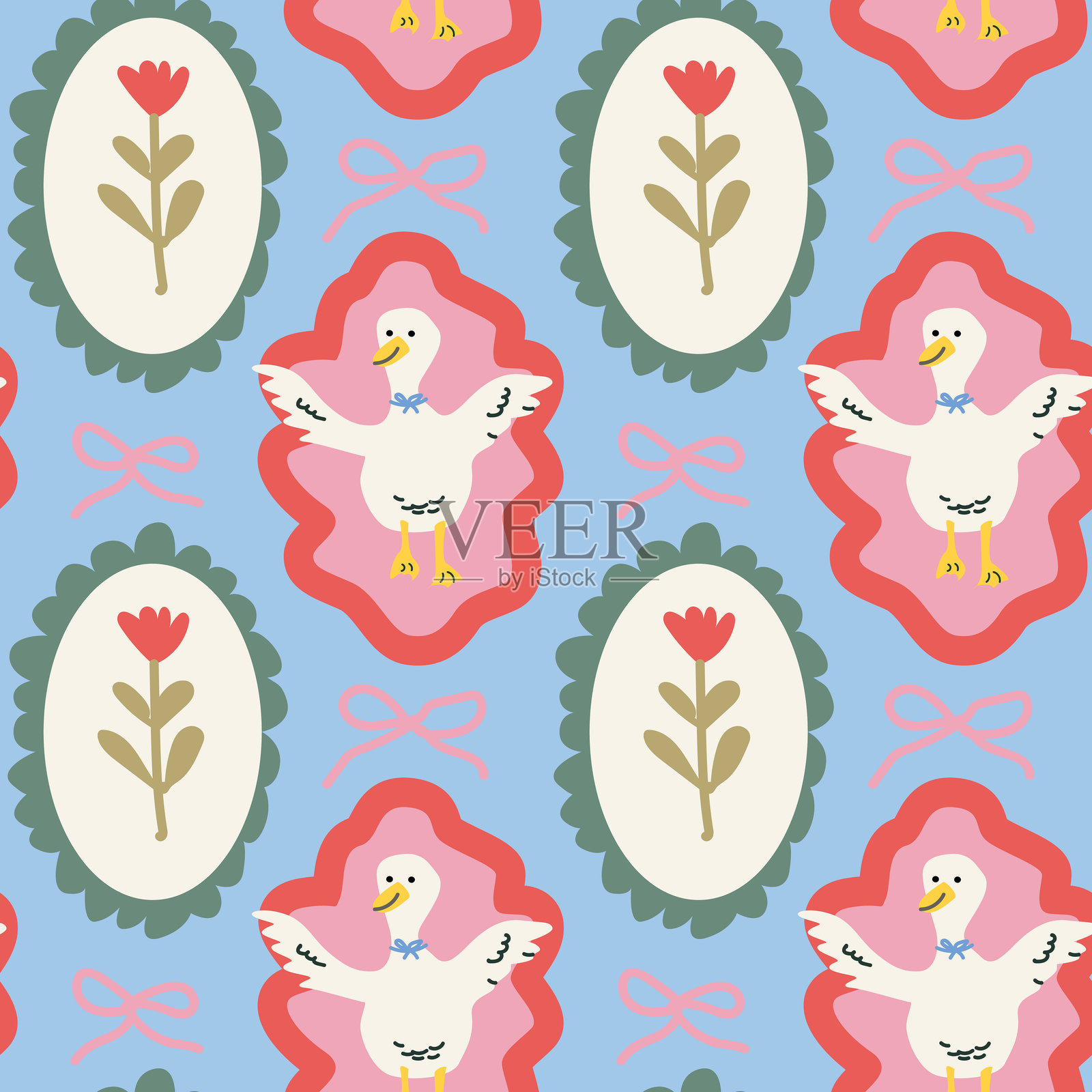 乡村风格的鸭子与花卉图案装饰设计插画图片素材