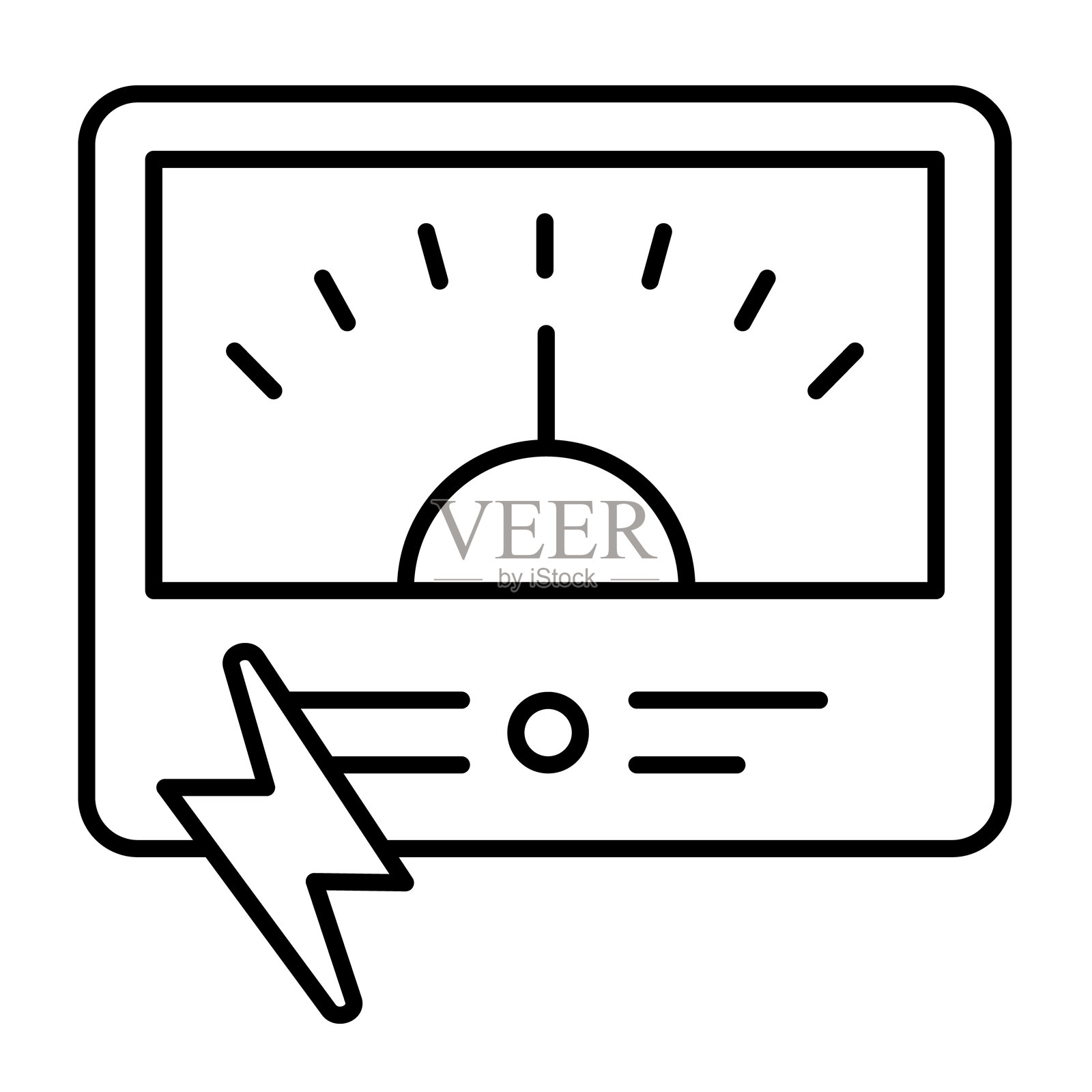 带闪电的电压表细线图标,电工服务概念。矢量图形。电气测量,测试设备标志,白色背景上的移动或设计风格。插画图片素材