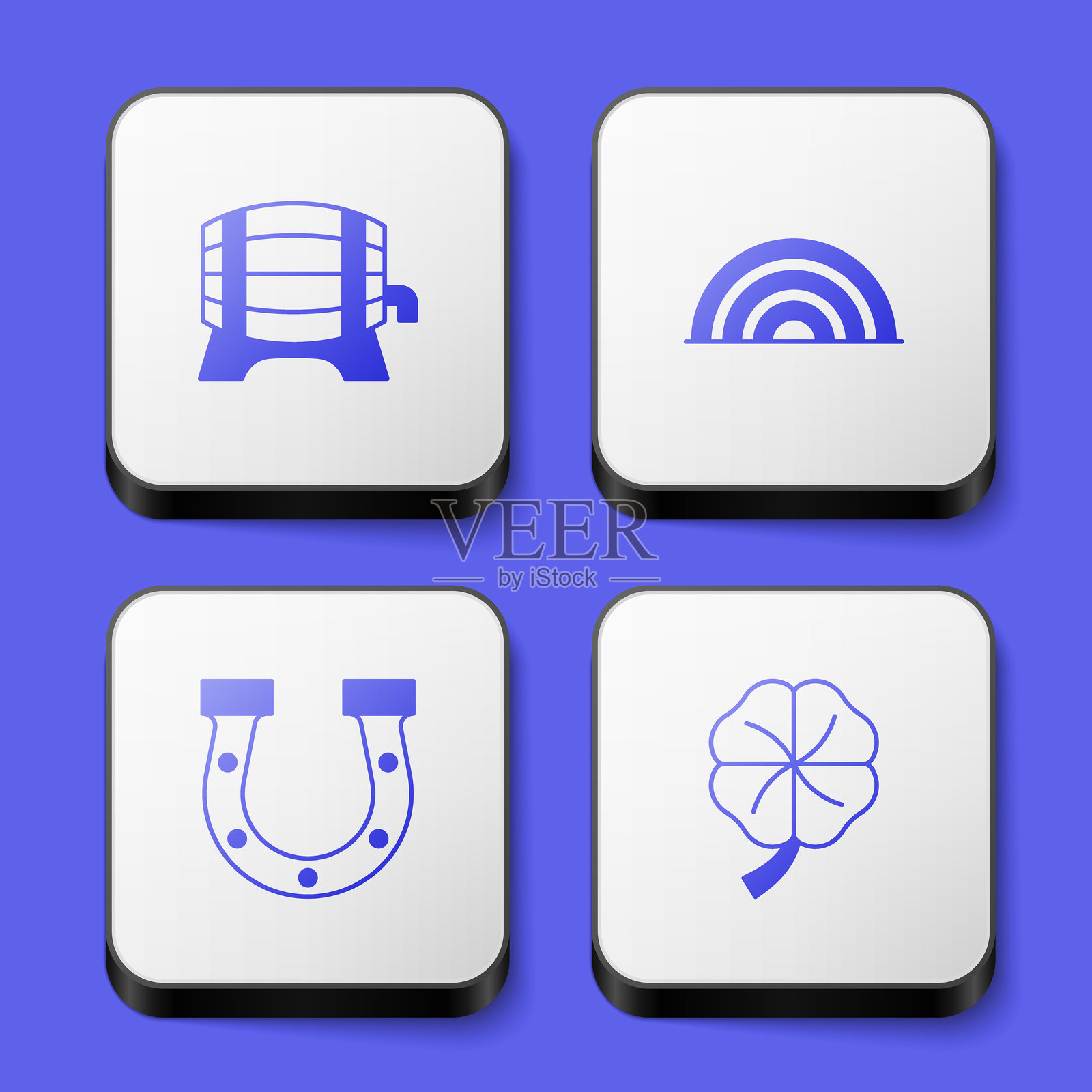 木桶放在架子上,彩虹,马蹄铁和四叶草图标。白色方形按钮。矢量图。插画图片素材