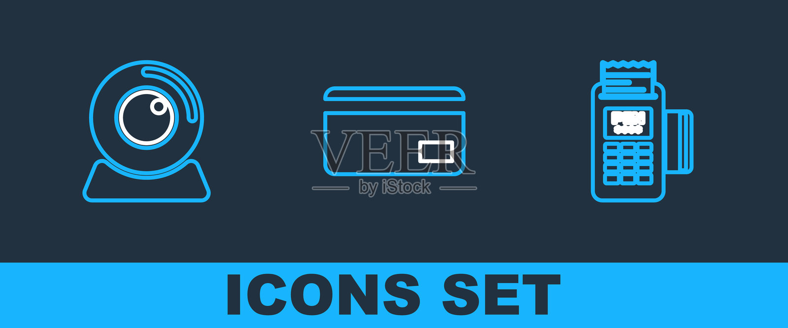 设置线条POS终端、网络摄像头和信用卡图标。矢量图。插画图片素材