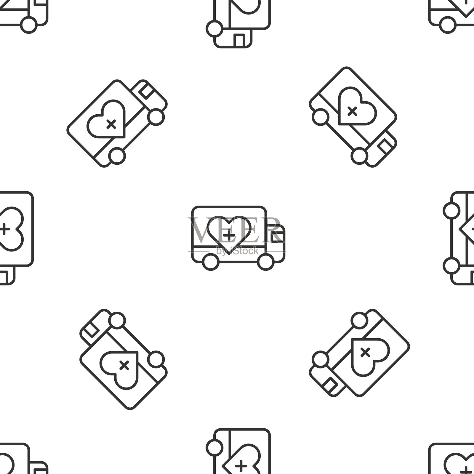 灰色线条人道主义卡车图标在白色背景上的无缝图案。插画图片素材