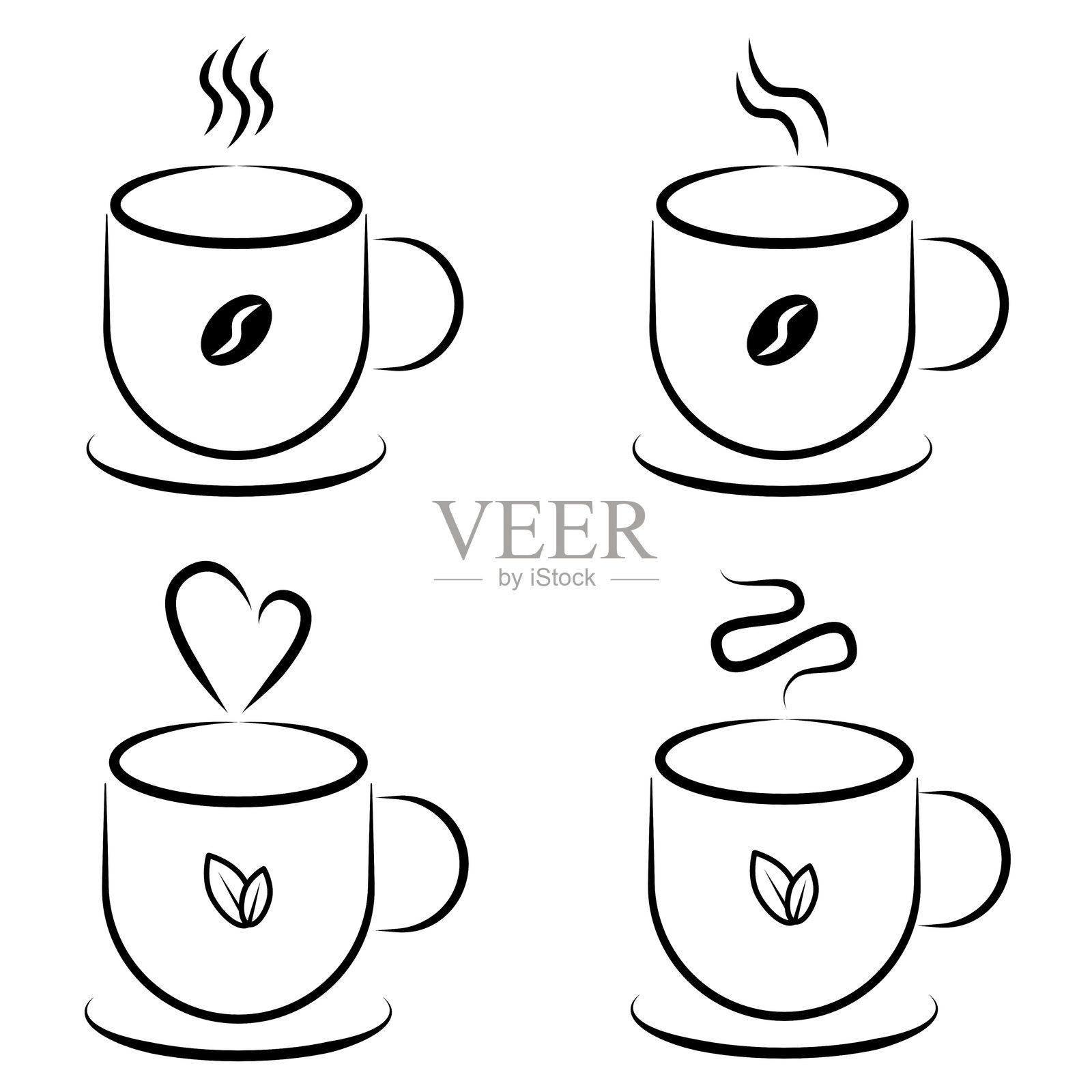 咖啡和茶杯线条艺术图标集。插画图片素材