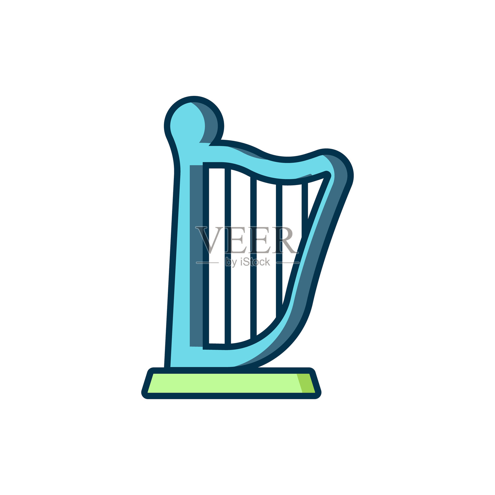 填充轮廓的竖琴图标,背景为白色。古典音乐乐器,管弦乐团的弦乐元素。带阴影的平面填充轮廓风格。矢量图。插画图片素材