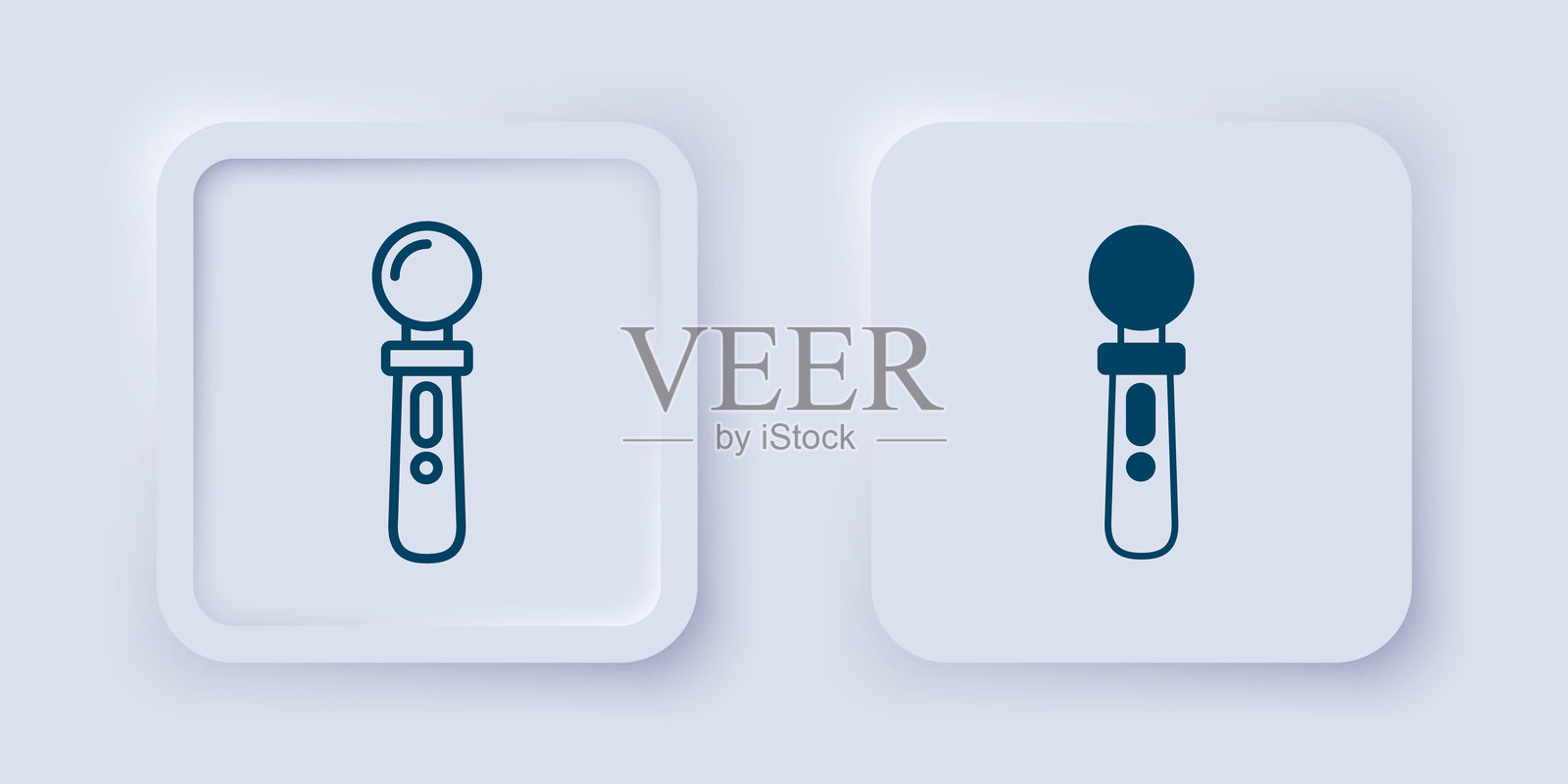 填充和轮廓的VR控制器游戏图标,背景为灰色。虚拟现实体验,存在感,位置追踪技术设备。方形按钮。矢量图。插画图片素材