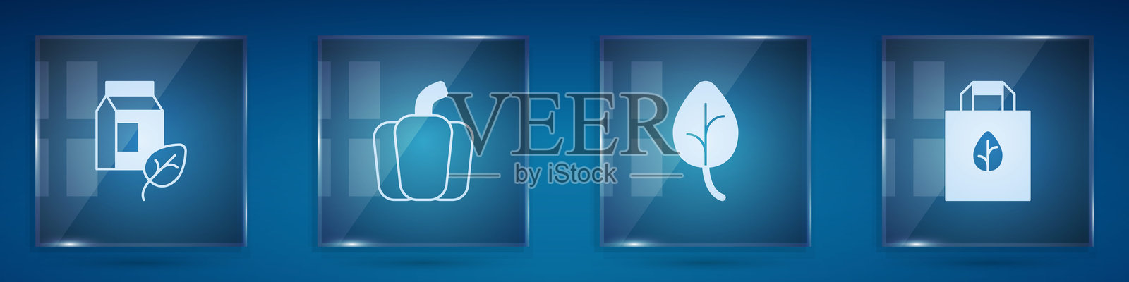 素食牛奶、甜椒、叶子和带有回收标志的购物袋。方形玻璃面板。矢量图。插画图片素材