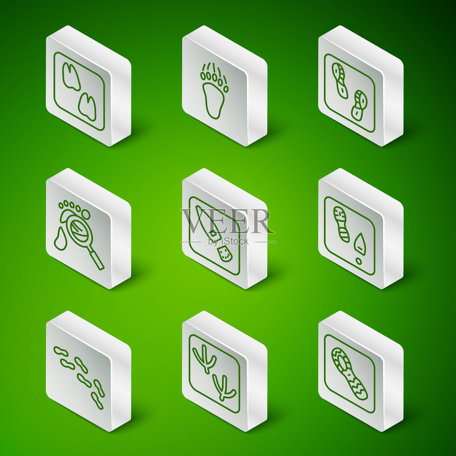 人类脚印鞋子、鸽子爪、骆驼、带脚印的放大镜、熊和图标。矢量图。插画图片素材