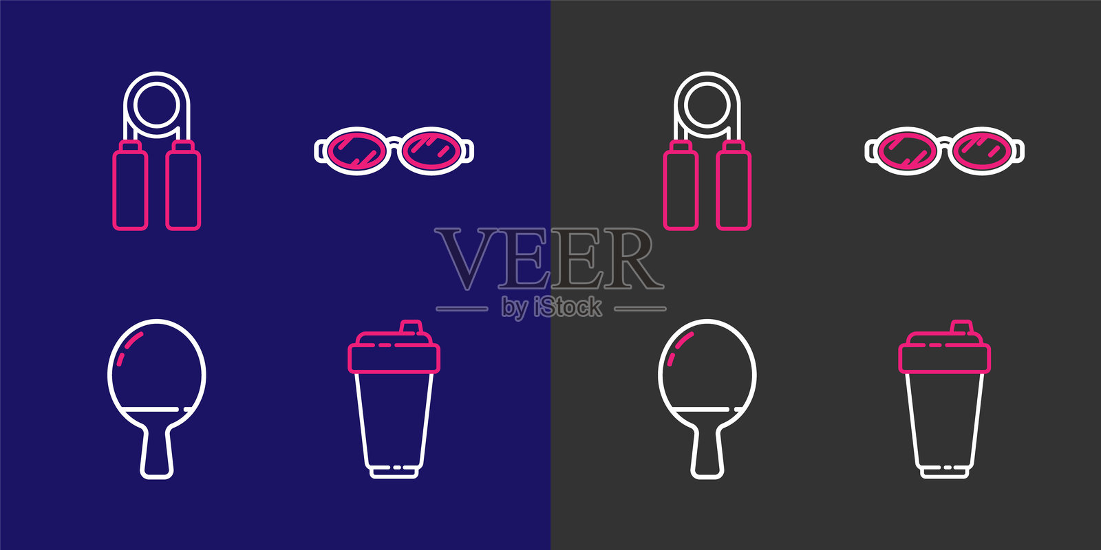 健身摇摇杯、乒乓球拍、游泳眼镜和运动拉力器图标。矢量图。插画图片素材