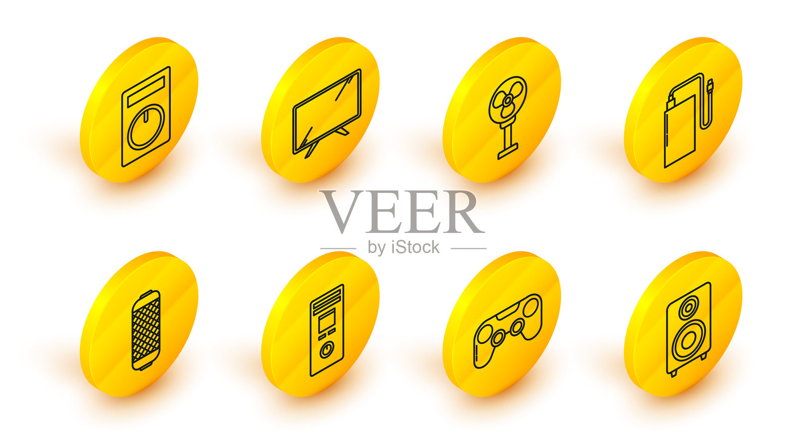 立体声扬声器、游戏手柄、遥控器、带不同充电线的移动电源、电风扇、智能电视和图标。矢量图。插画图片素材