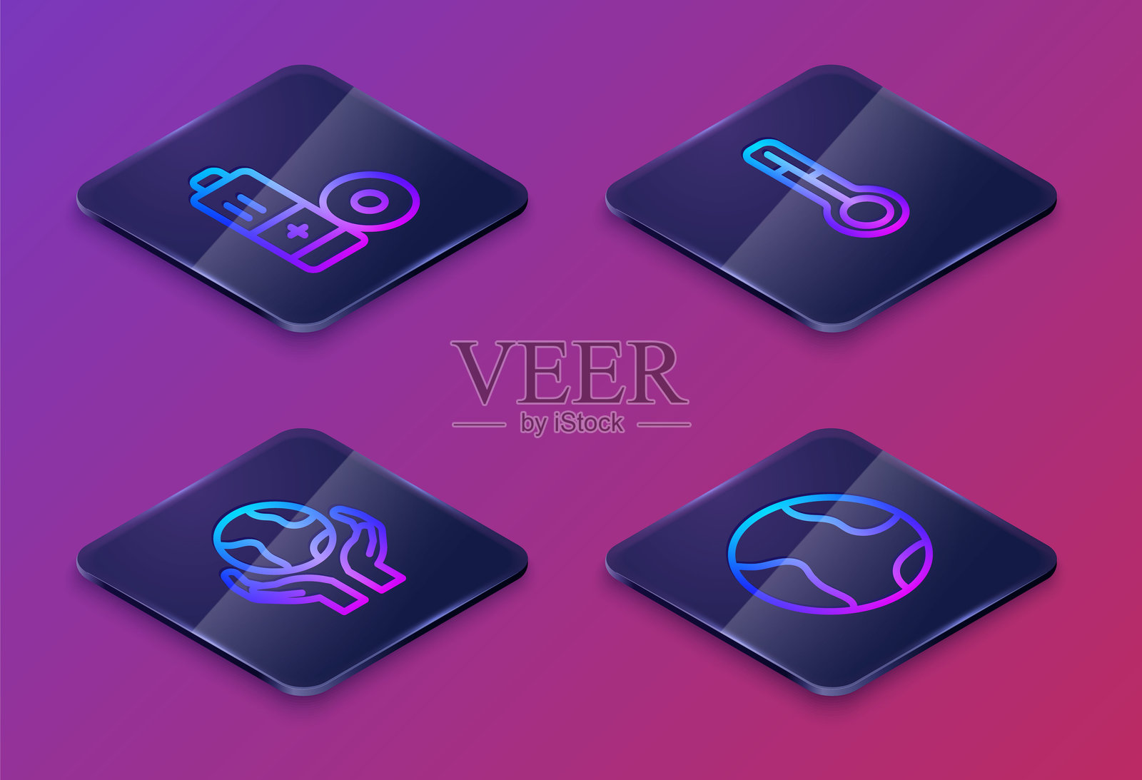 等距线电池,手握地球仪,气象温度计和蓝色方形按钮。矢量图。插画图片素材