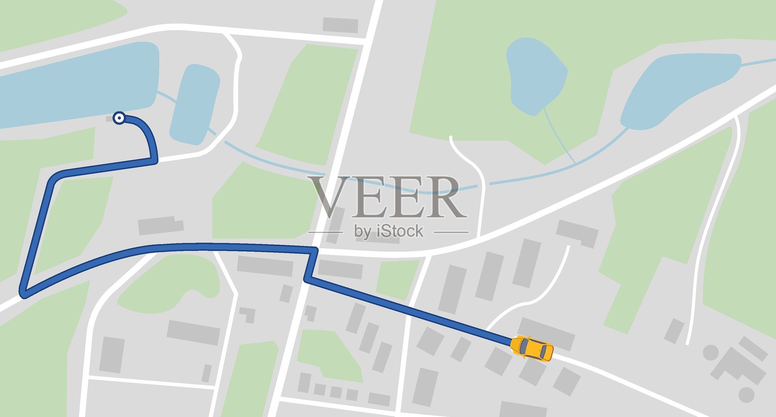 城市地图上有一辆黄色汽车和路线插画图片素材