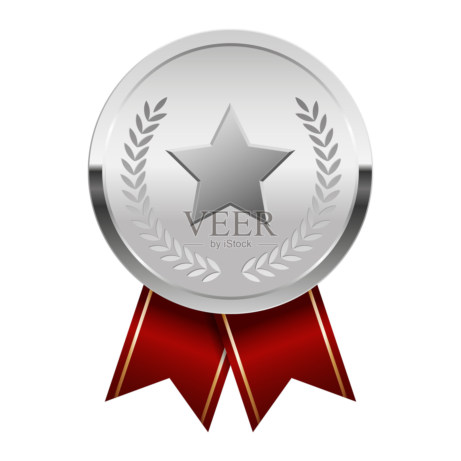银色奖牌,配有红色丝带和星星,适用于体育和游戏插画图片素材