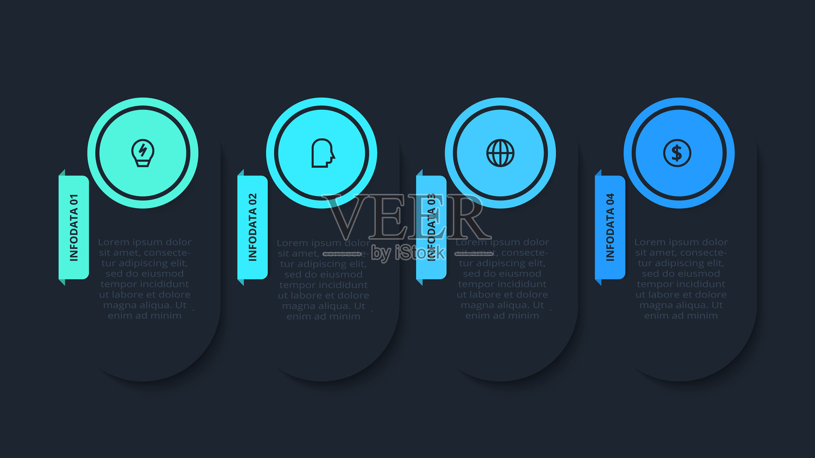 黑色背景上的四步信息图创意概念模板,用于网页设计。插画图片素材
