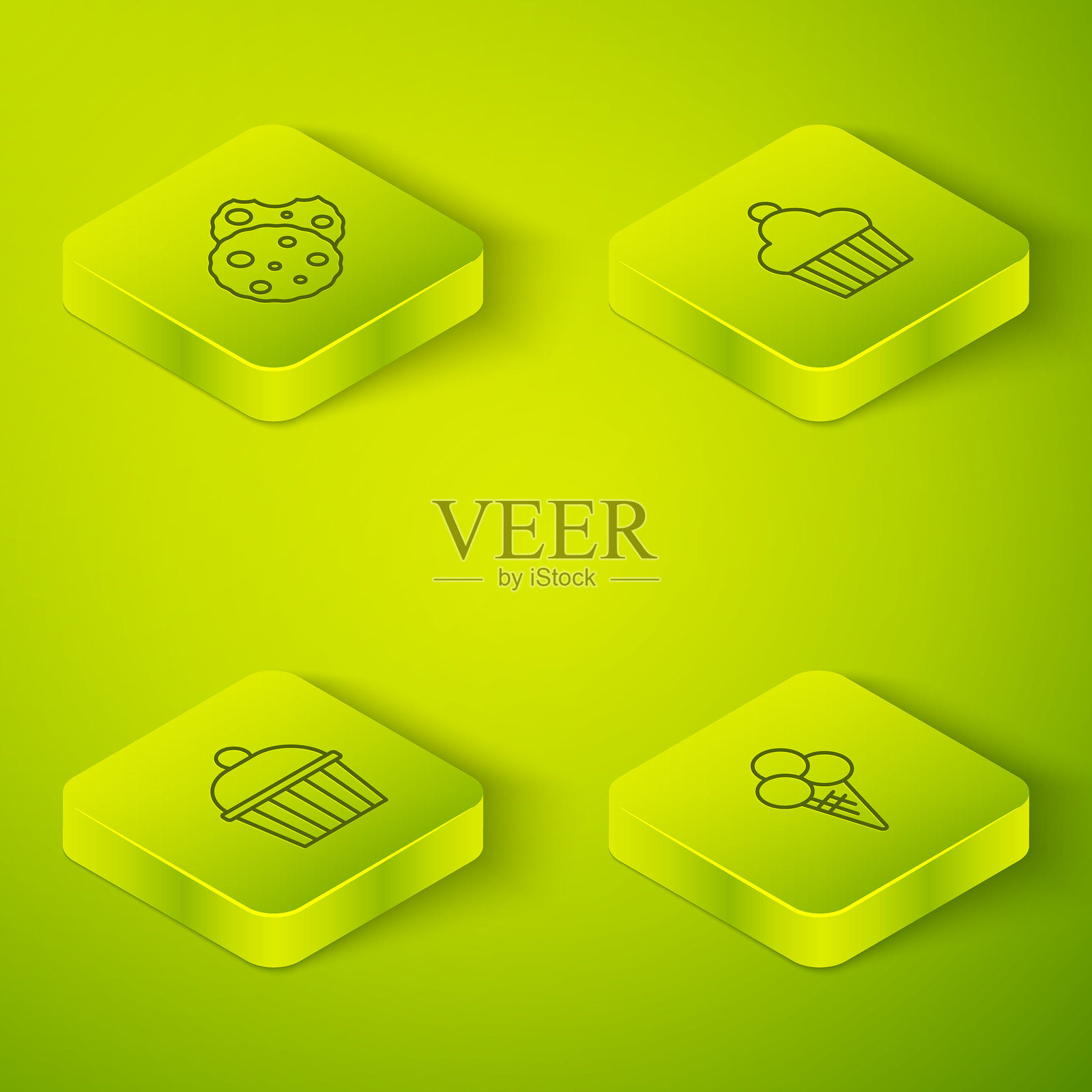 等距线条蛋糕、华夫筒冰淇淋和饼干图标。矢量图。插画图片素材