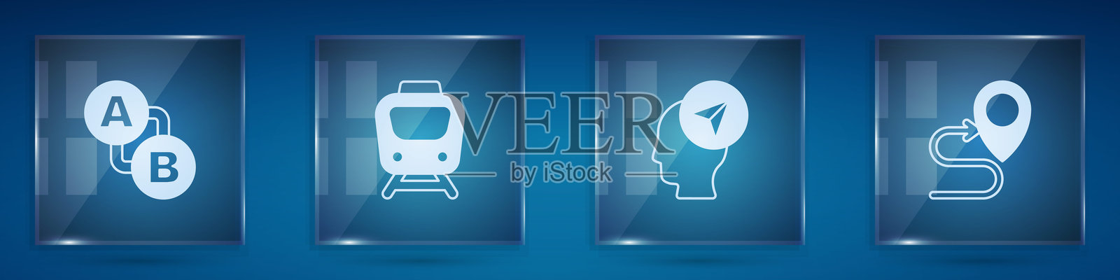 设置路线位置,火车,带有人的位置和方形玻璃面板。矢量图插画图片素材