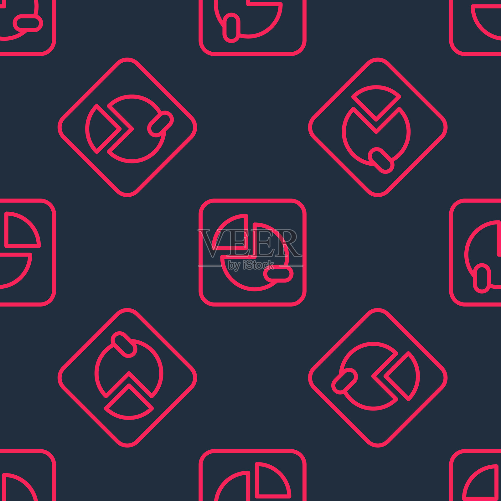 红色线条饼图信息图标在黑色背景上的无缝图案。图表标志。矢量。插画图片素材