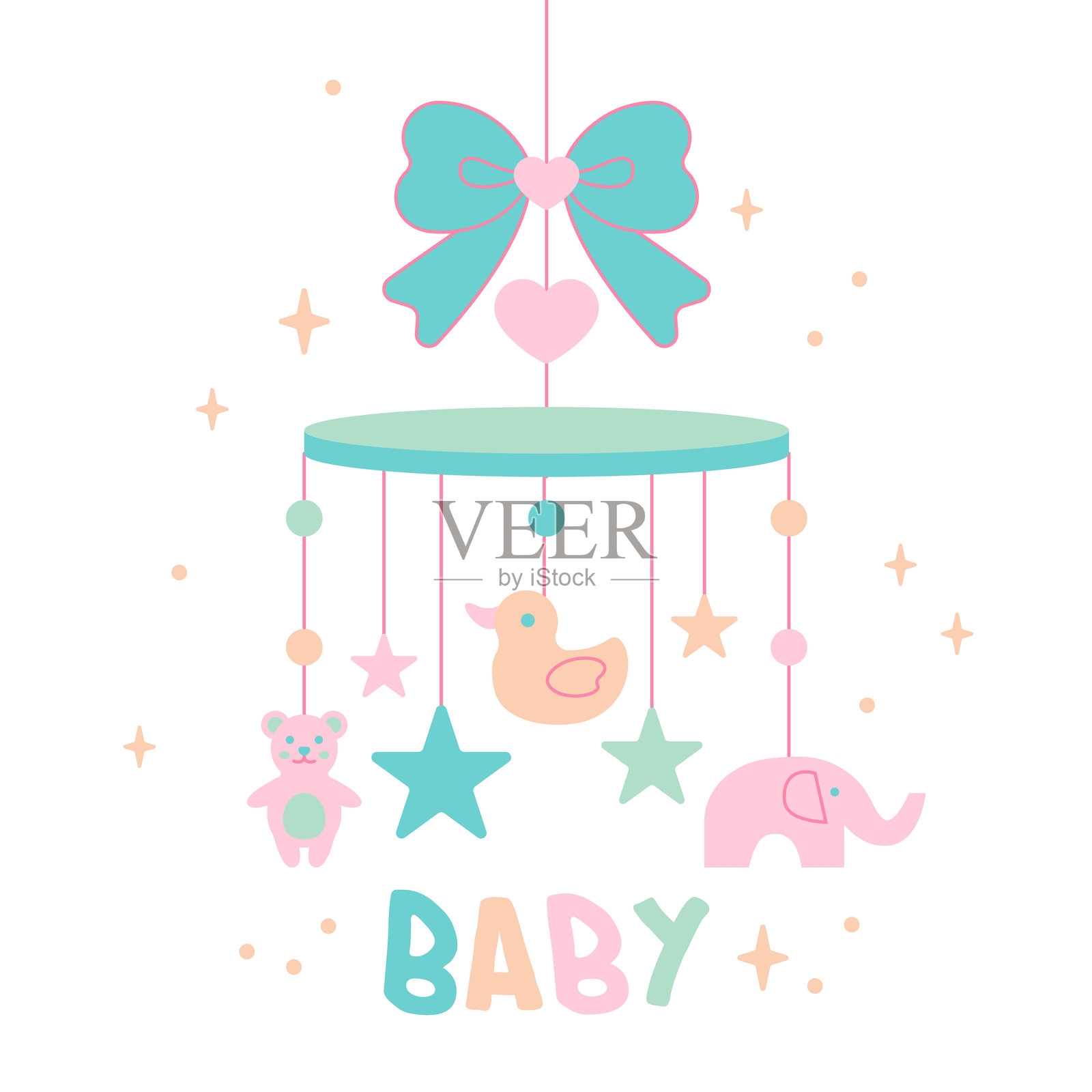 婴儿摇铃。新生儿睡眠悬挂玩具。儿童旋转木马矢量插图。婴儿洗礼插画图片素材
