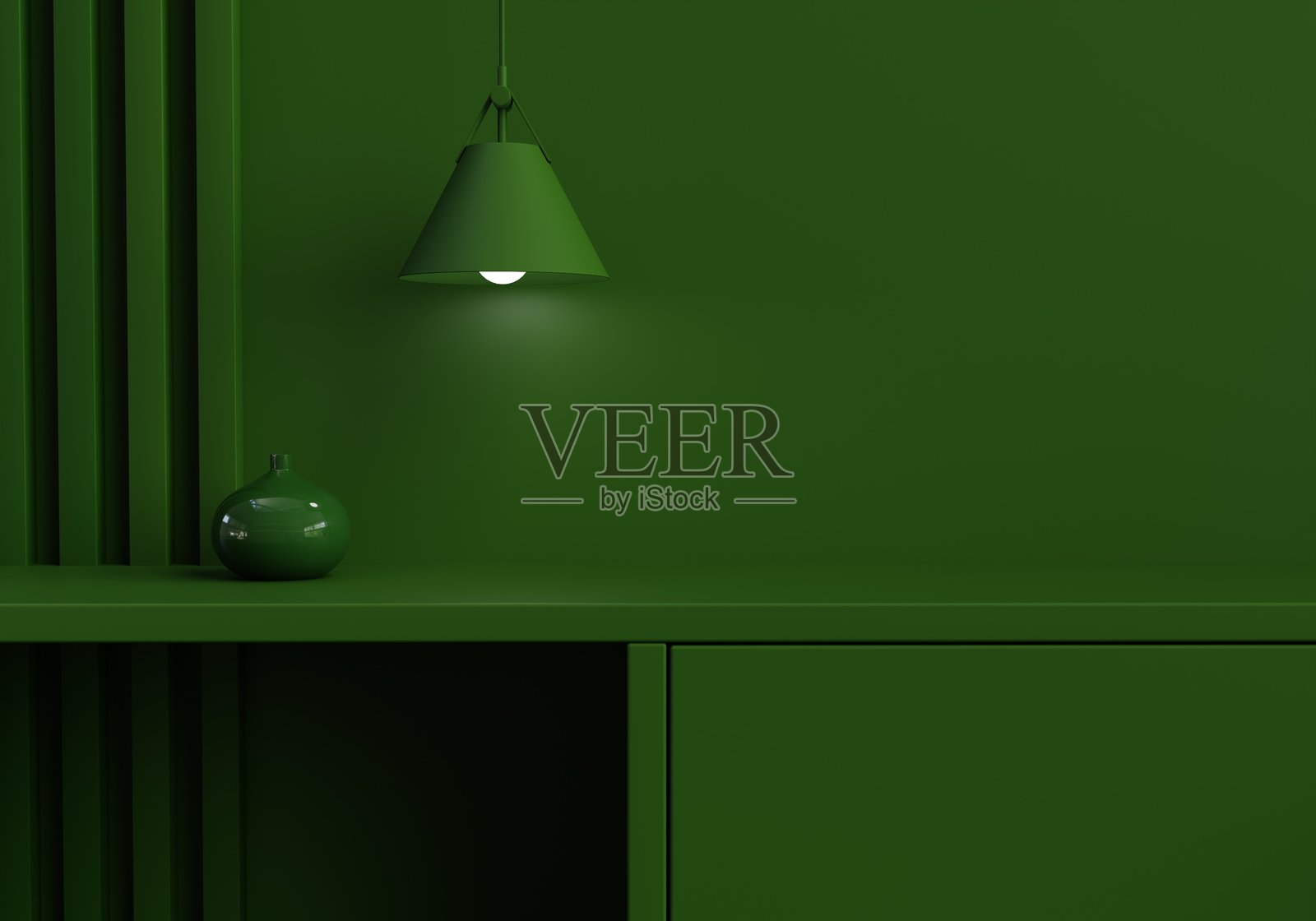 绿色单色极简办公室桌面背景。优雅的现代家居室内设计。3D渲染。照片摄影图片