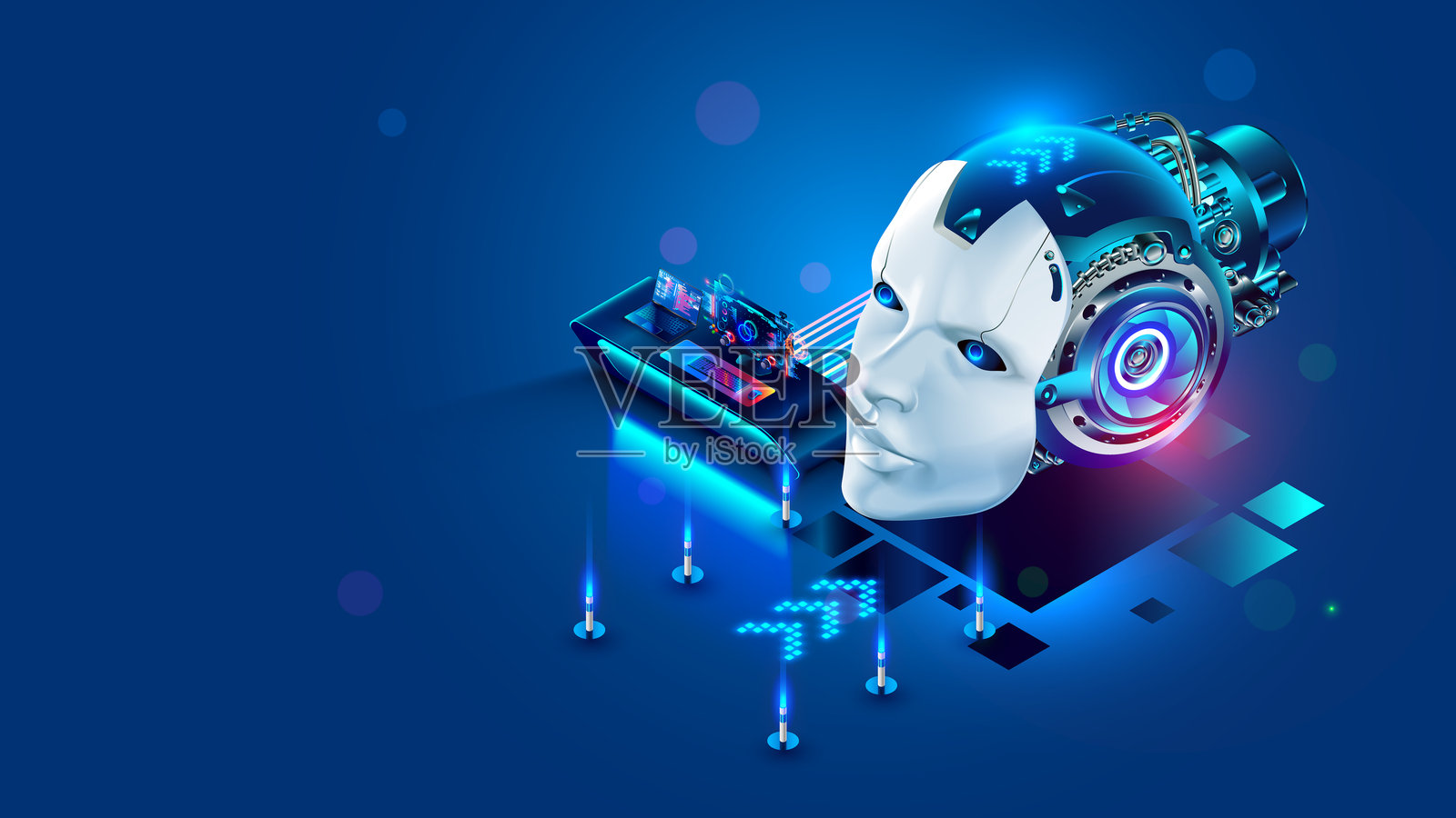 人工智能训练。人工智能学习。带有电子大脑的赛博格。为商业训练神经网络和人工智能。插画图片素材