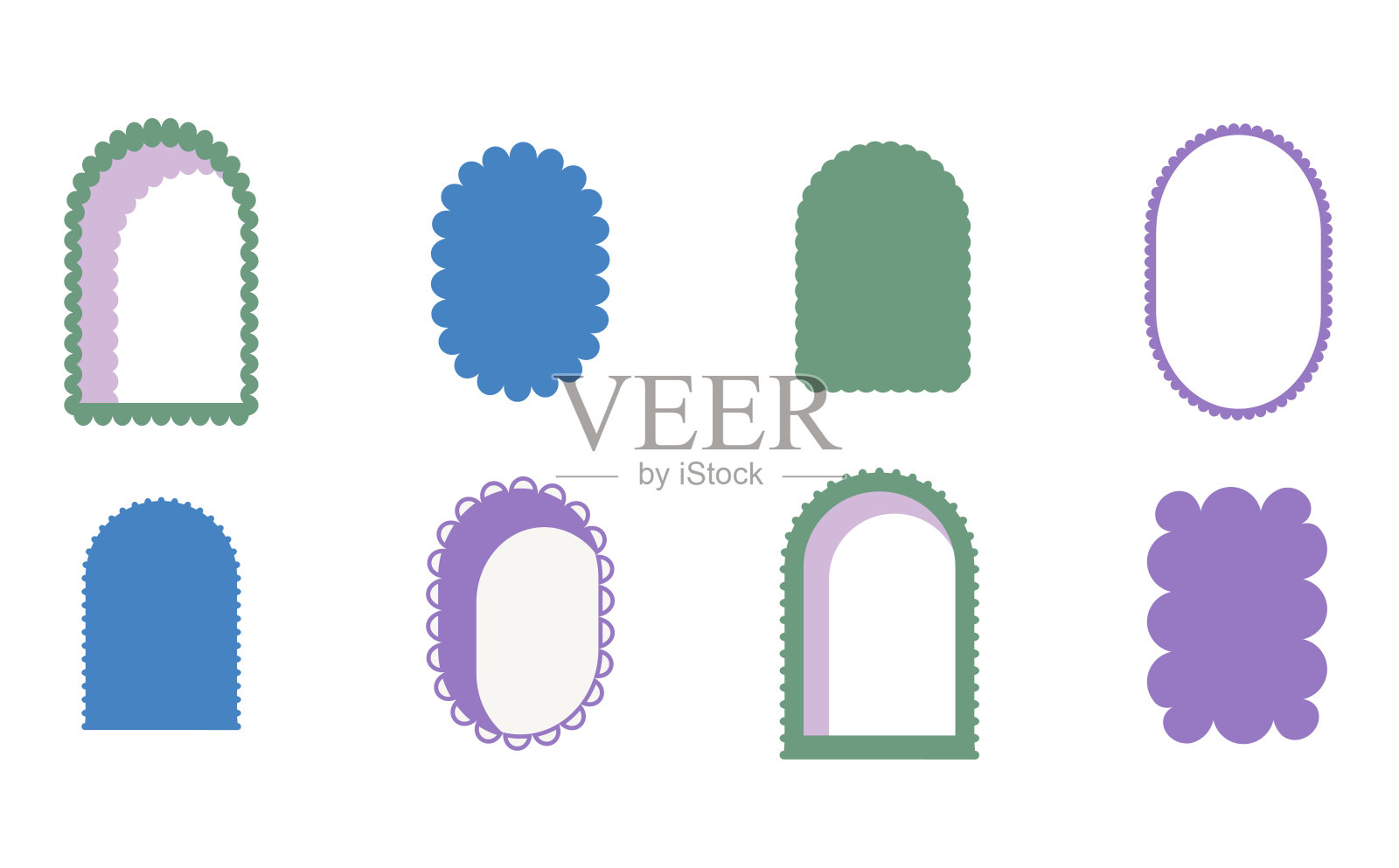 复古时尚的拱形和几何框架形状。趣味复古色彩的边框组合,带有波浪边缘。用于邀请的文本框和标注模板。矢量插图,背景为白色。插画图片素材